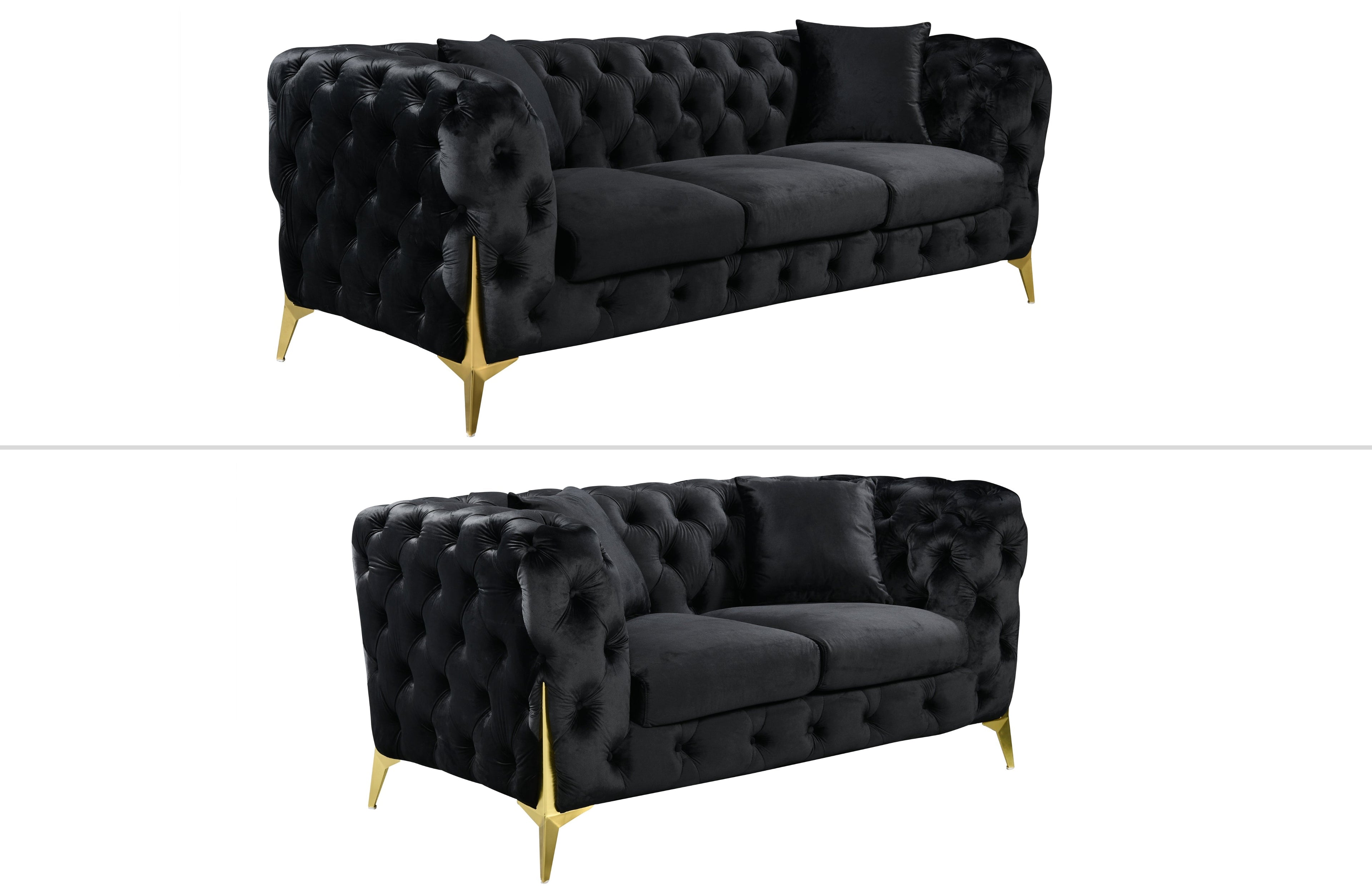 GRAND black velvet tufted sofa set featuring 3-seater and 2-seater with elegant gold steel legs