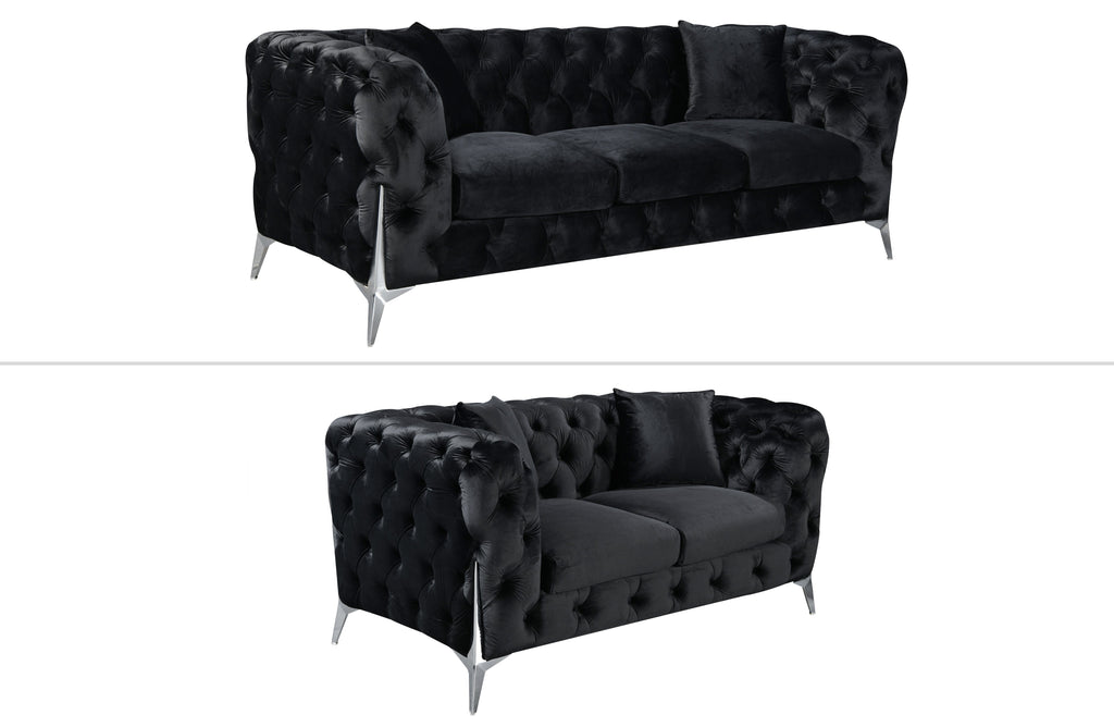 GRAND black velvet tufted sofa set featuring 3-seater and 2-seater with sleek silver steel legs