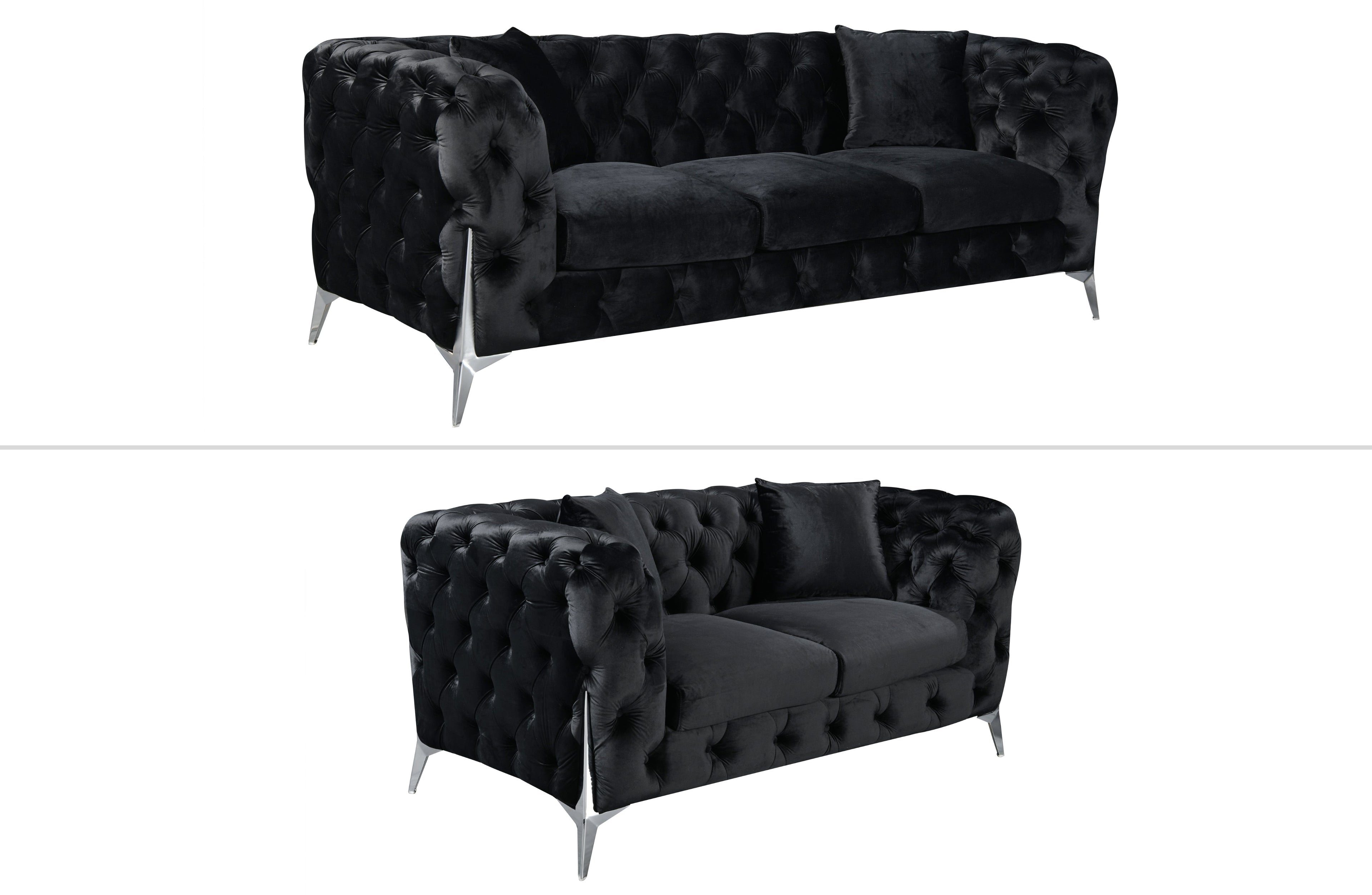 GRAND black velvet tufted sofa set featuring 3-seater and 2-seater with sleek silver steel legs