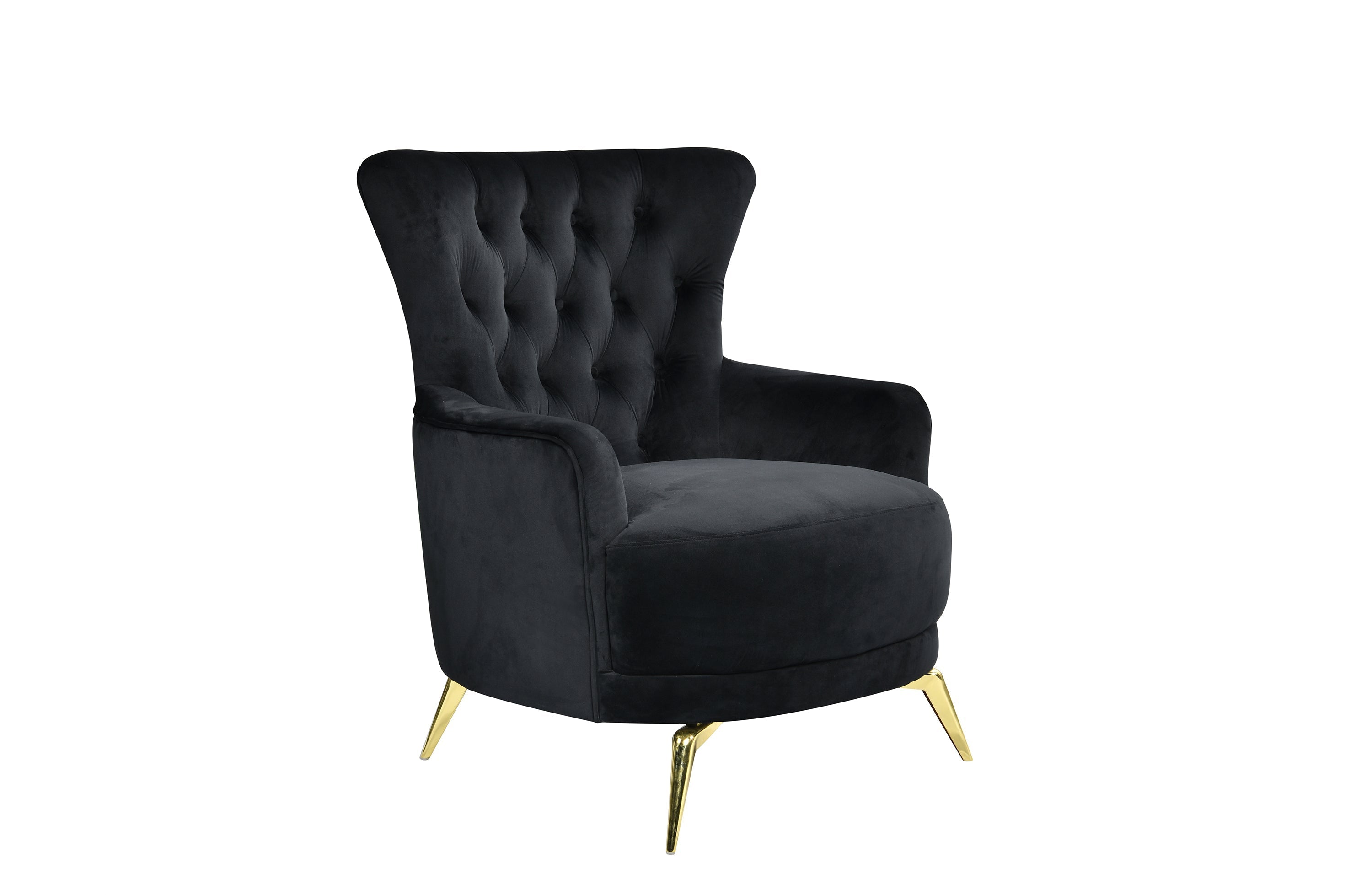 GRAND black velvet tufted wing chair with elegant gold steel legs