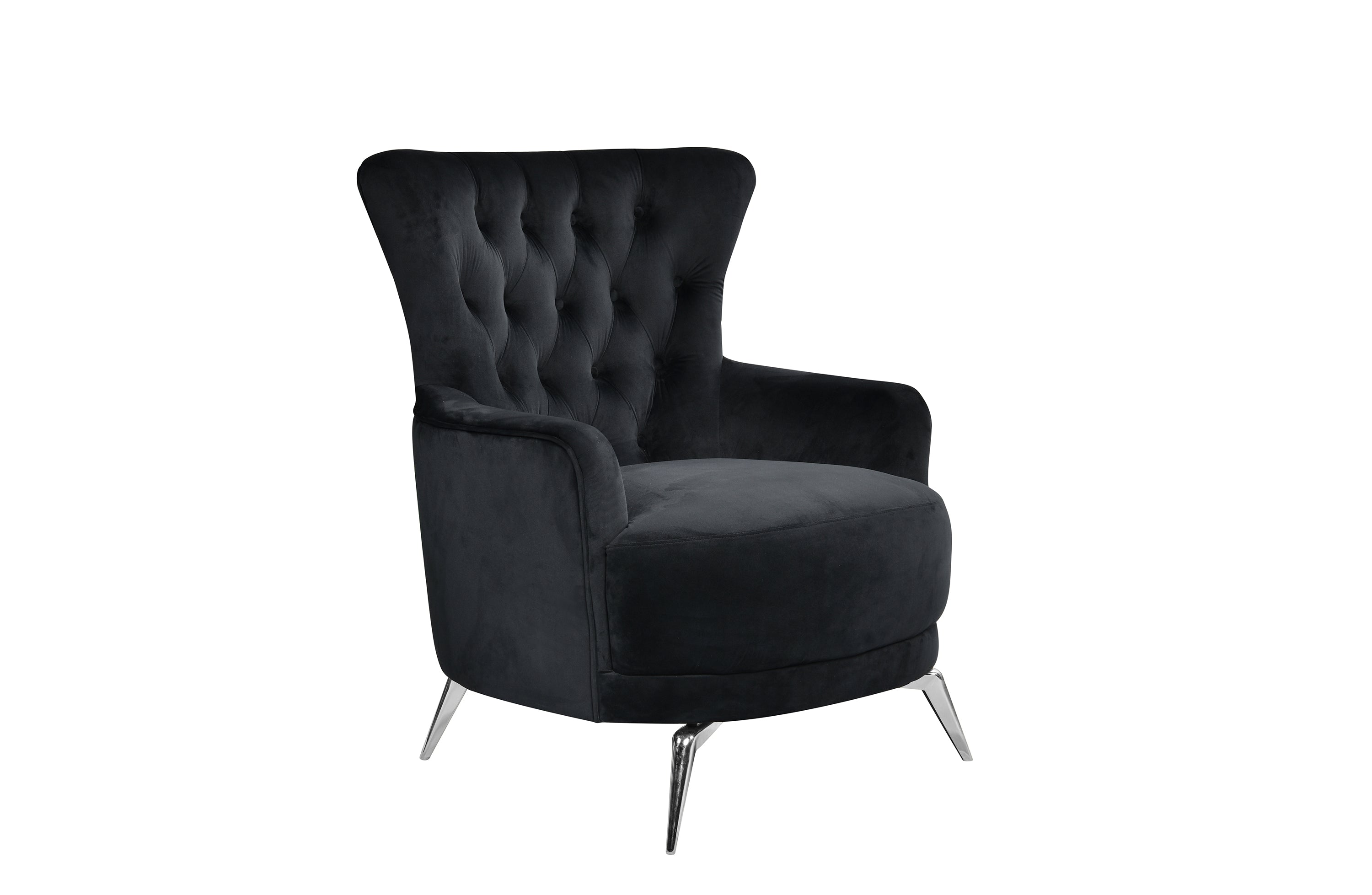 GRAND black velvet tufted wing chair with sleek silver steel legs