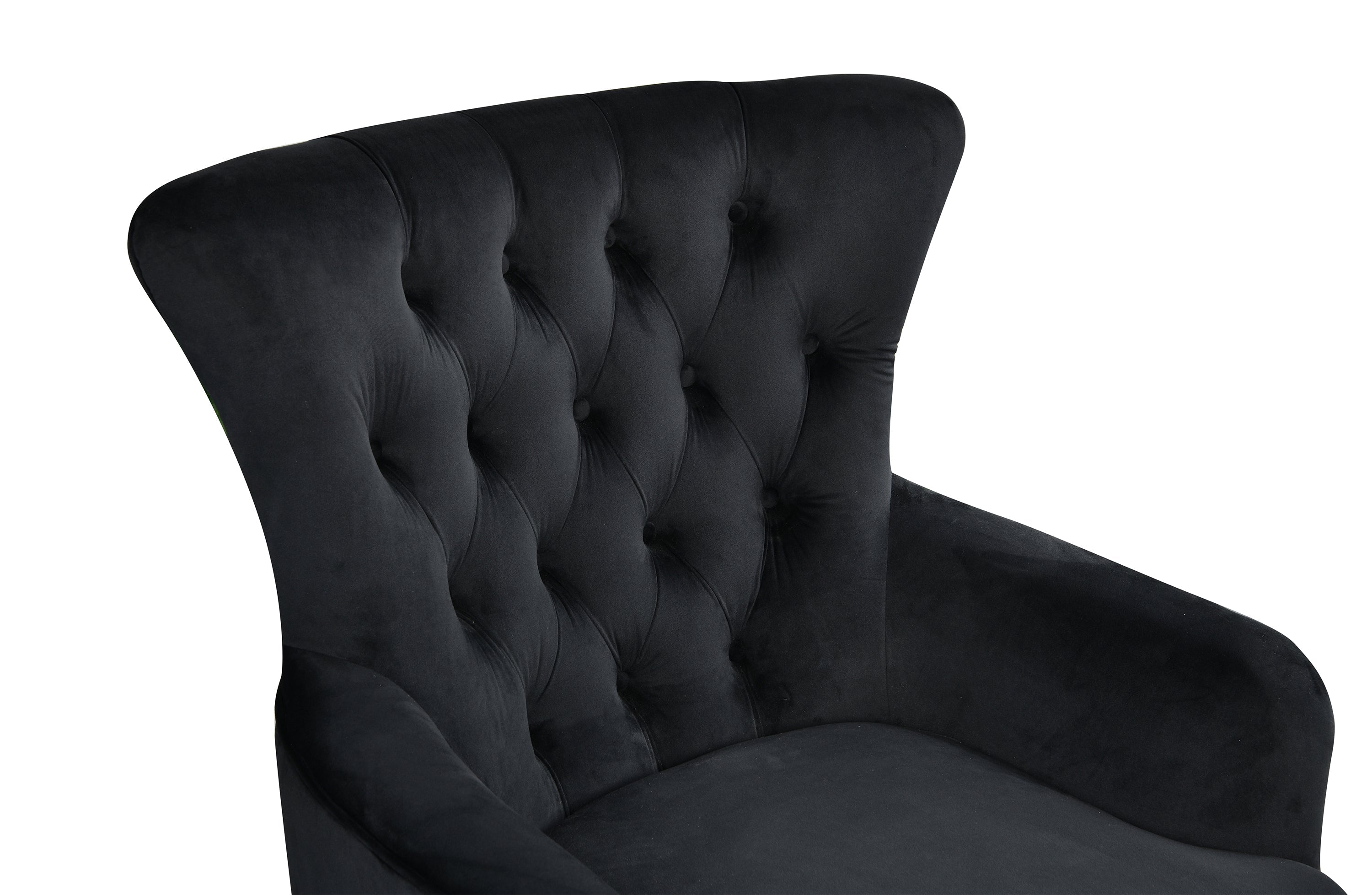 Detailed tufted backrest of GRAND black velvet wing chair in luxury finish