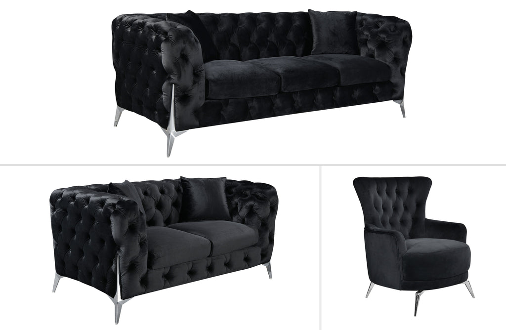 GRAND black velvet tufted lounge with elegant silver steel legs