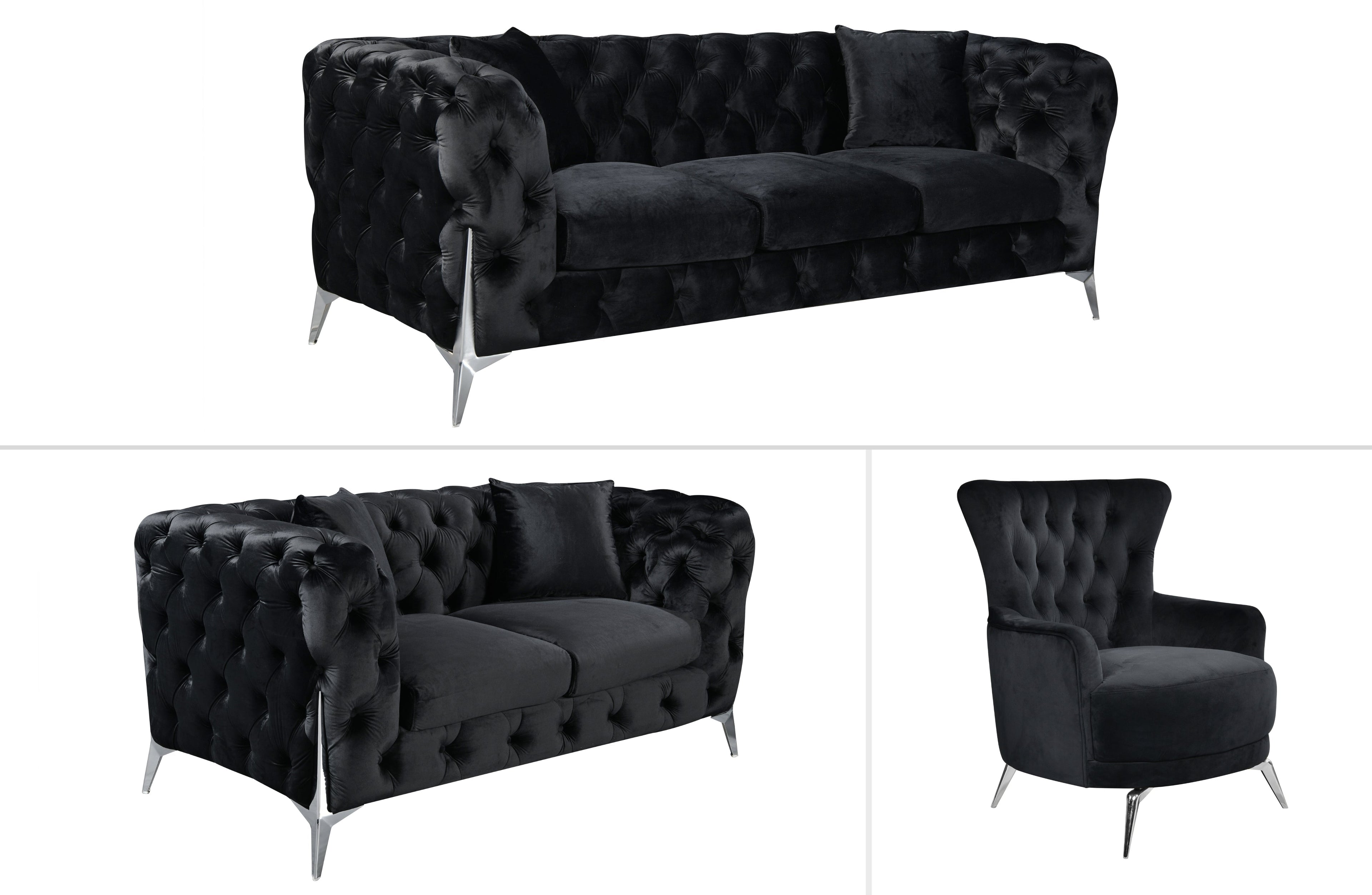 GRAND black velvet tufted lounge with elegant silver steel legs