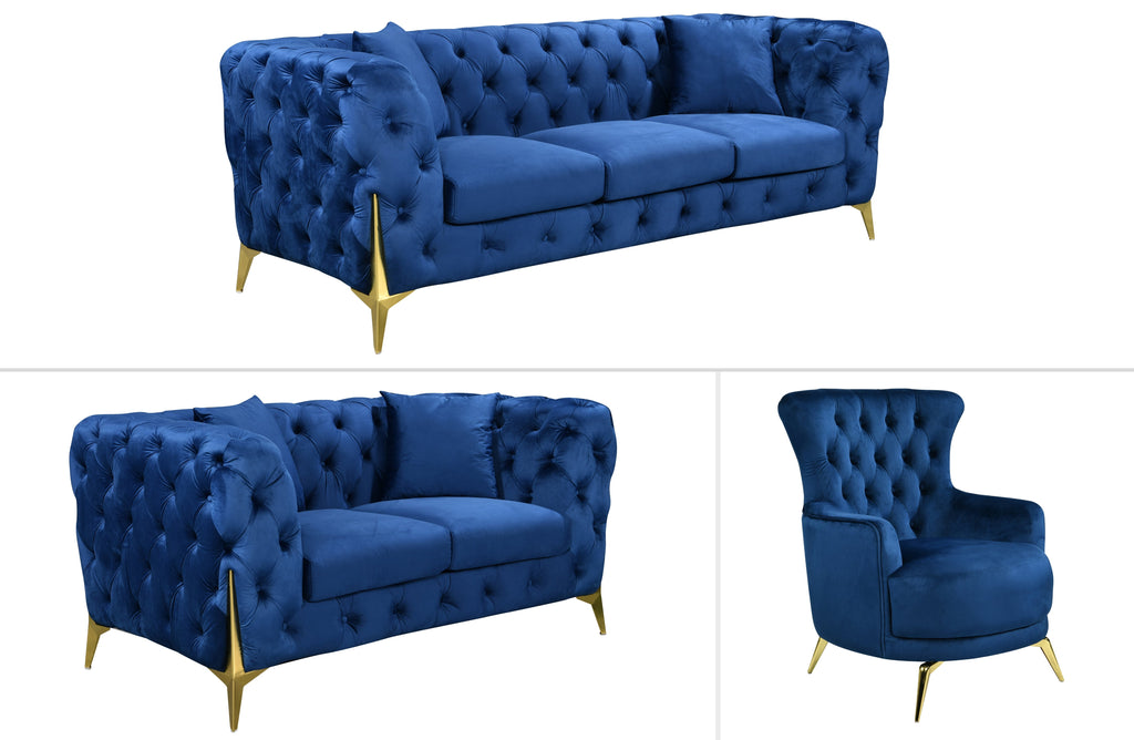 GRAND blue velvet tufted lounge with chic polished gold legs