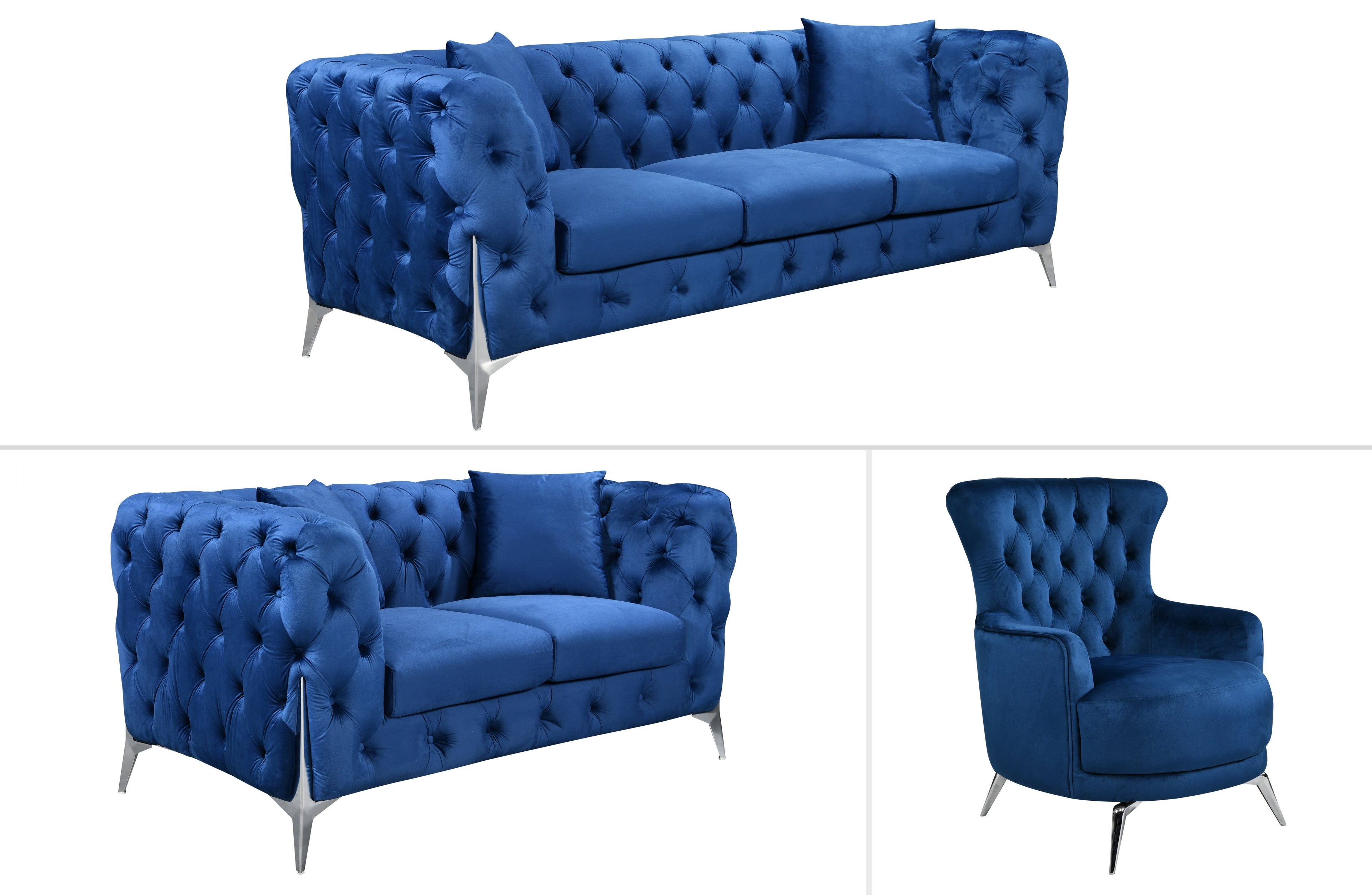 GRAND blue velvet tufted lounge with chic polished silver legs