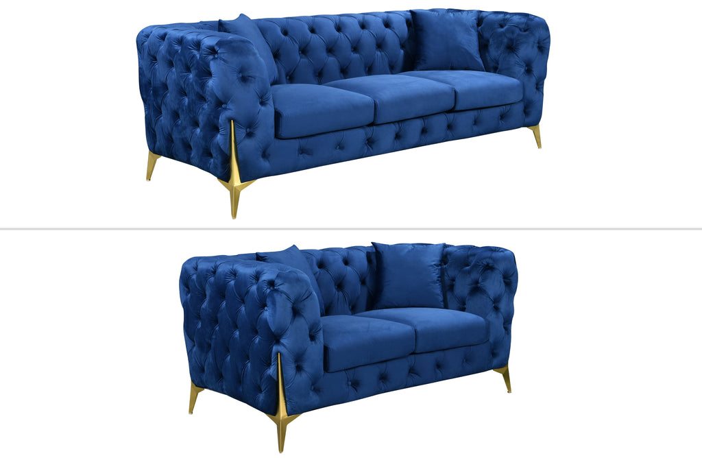 GRAND blue velvet tufted sofa set featuring 3-seater and 2-seater with elegant gold steel legs