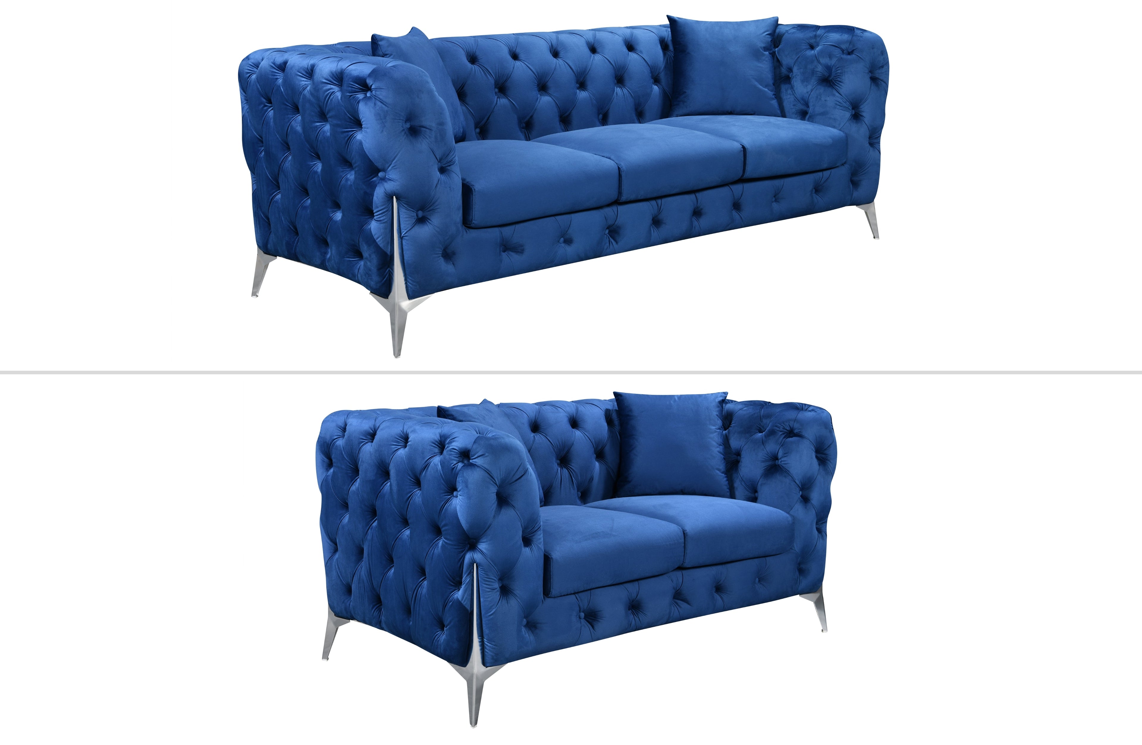 GRAND blue velvet tufted sofa set featuring 3-seater and 2-seater with sleek silver steel legs