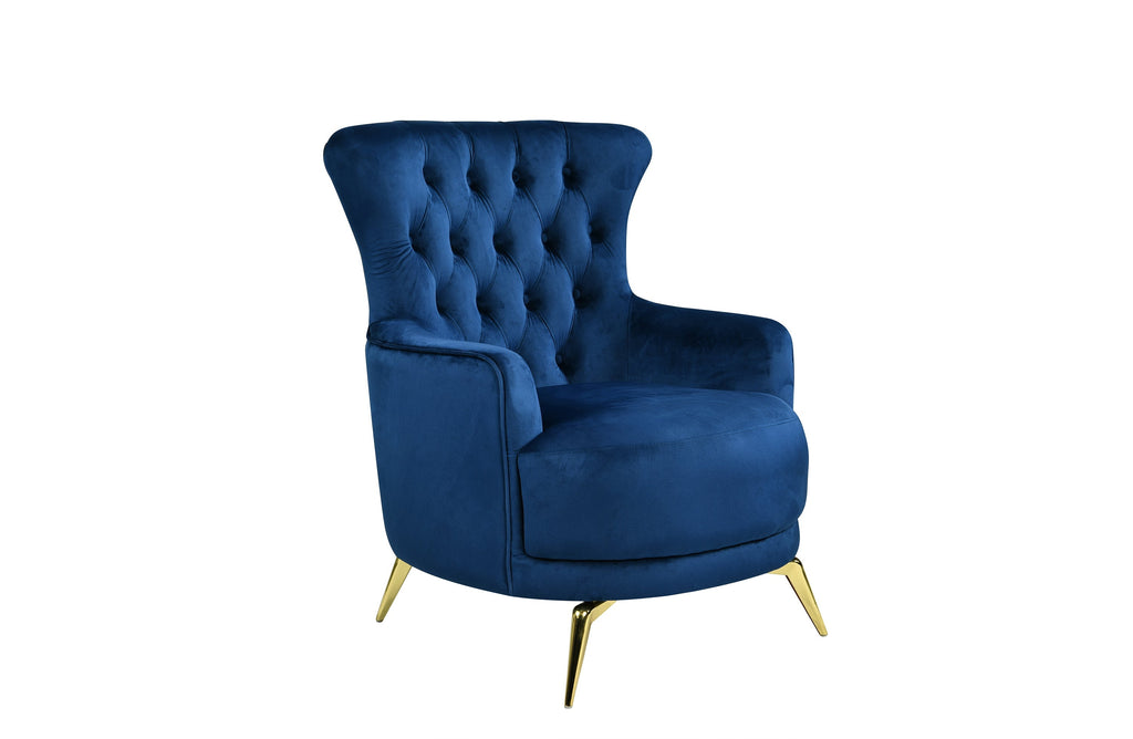 GRAND blue velvet tufted wing chair with bold gold steel legs