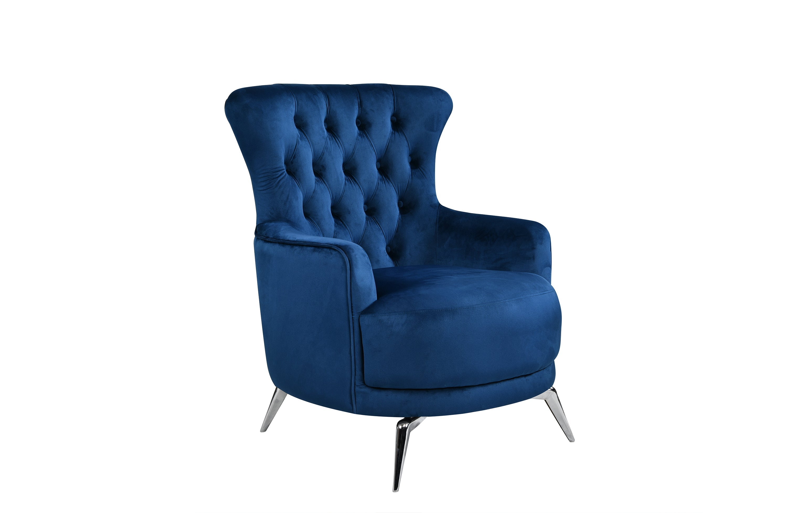 GRAND blue velvet tufted wing chair with polished silver legs