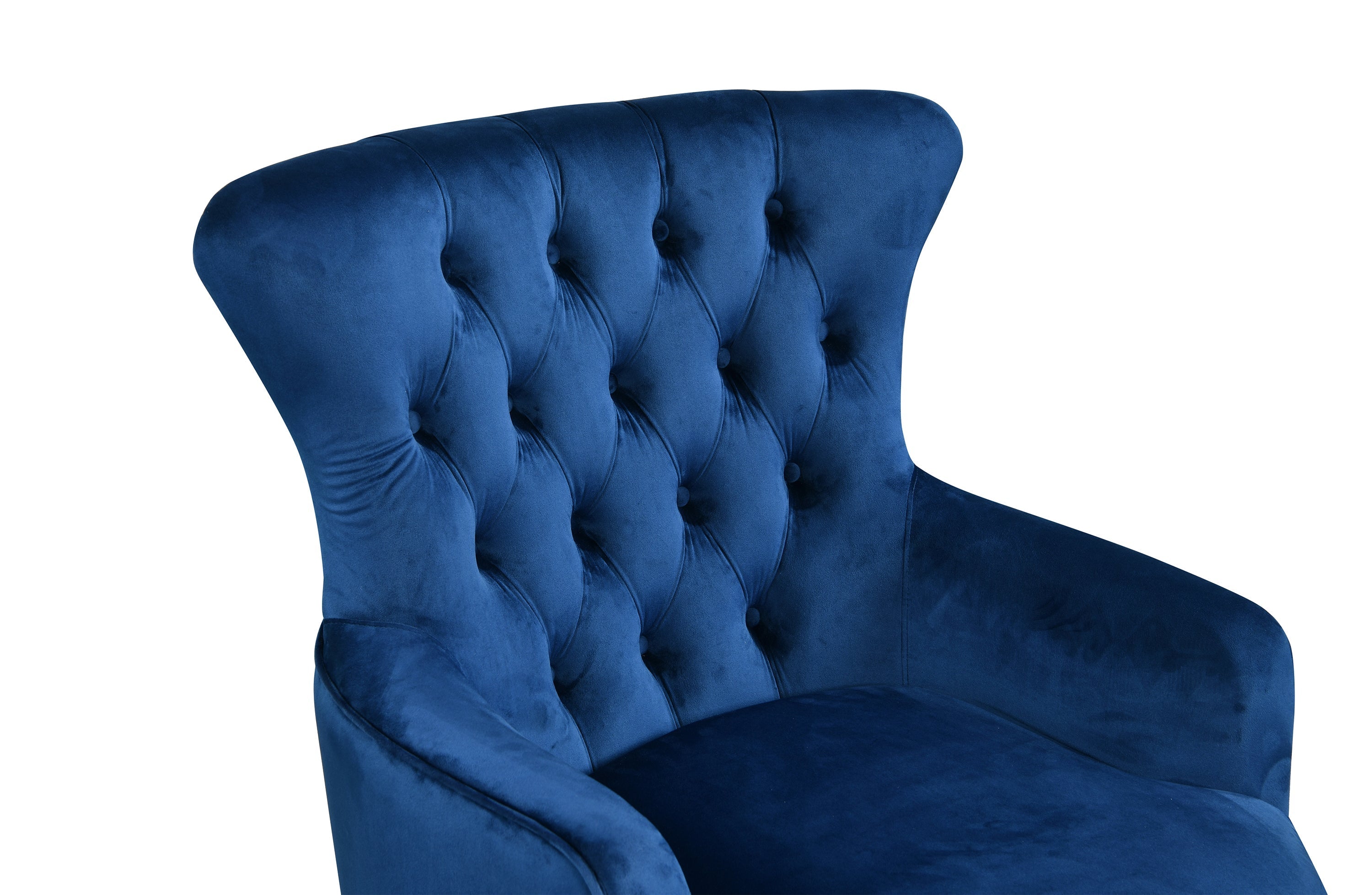Detailed tufted backrest of GRAND blue velvet wing chair in luxury finish