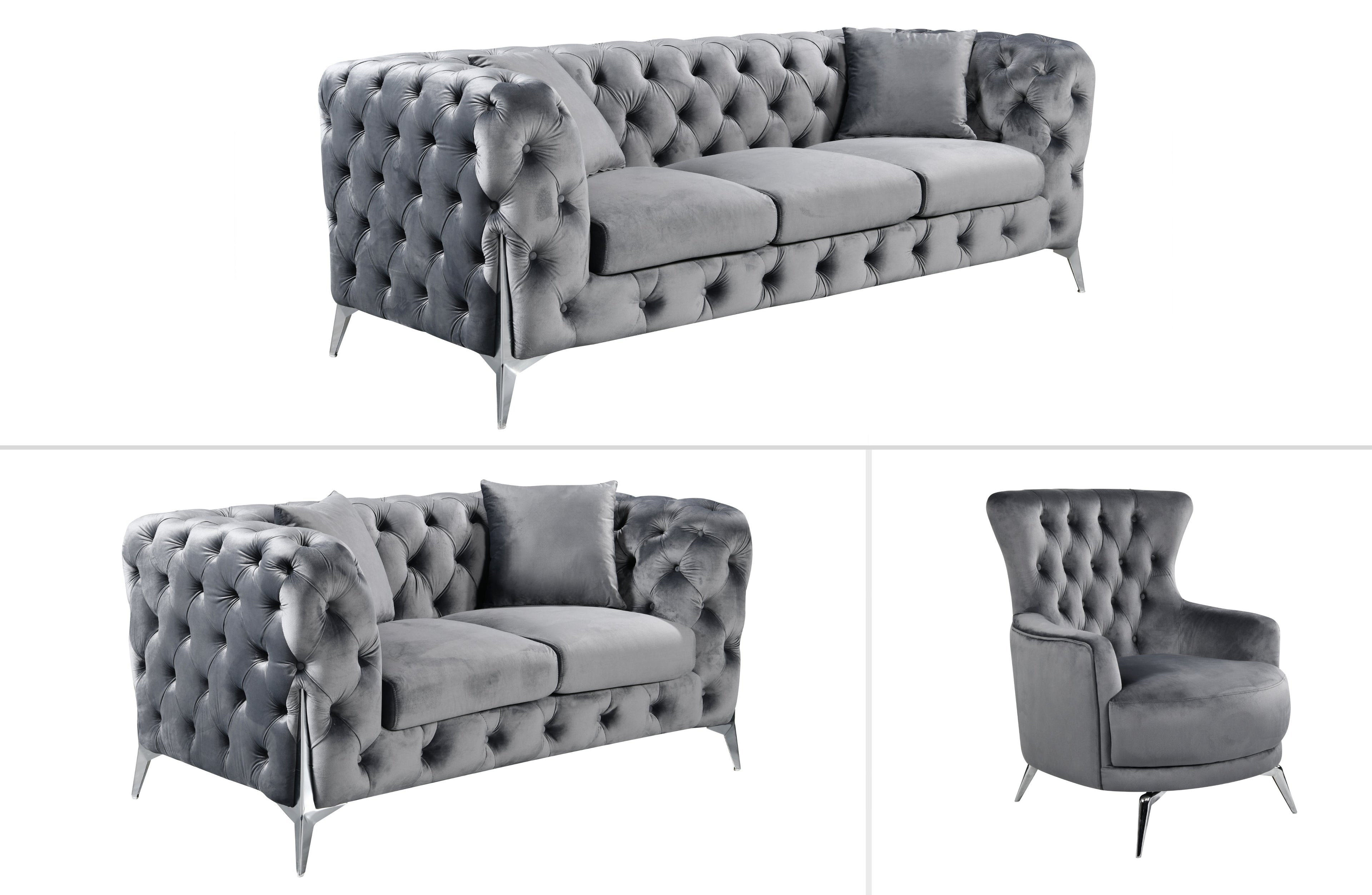 GRAND dark grey velvet lounge with plush tufting and silver legs