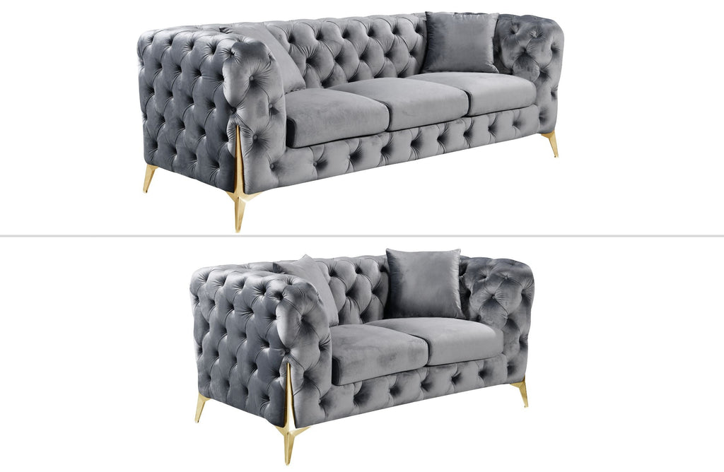 GRAND Dark Gray velvet tufted sofa set featuring 3-seater and 2-seater with elegant gold steel legs