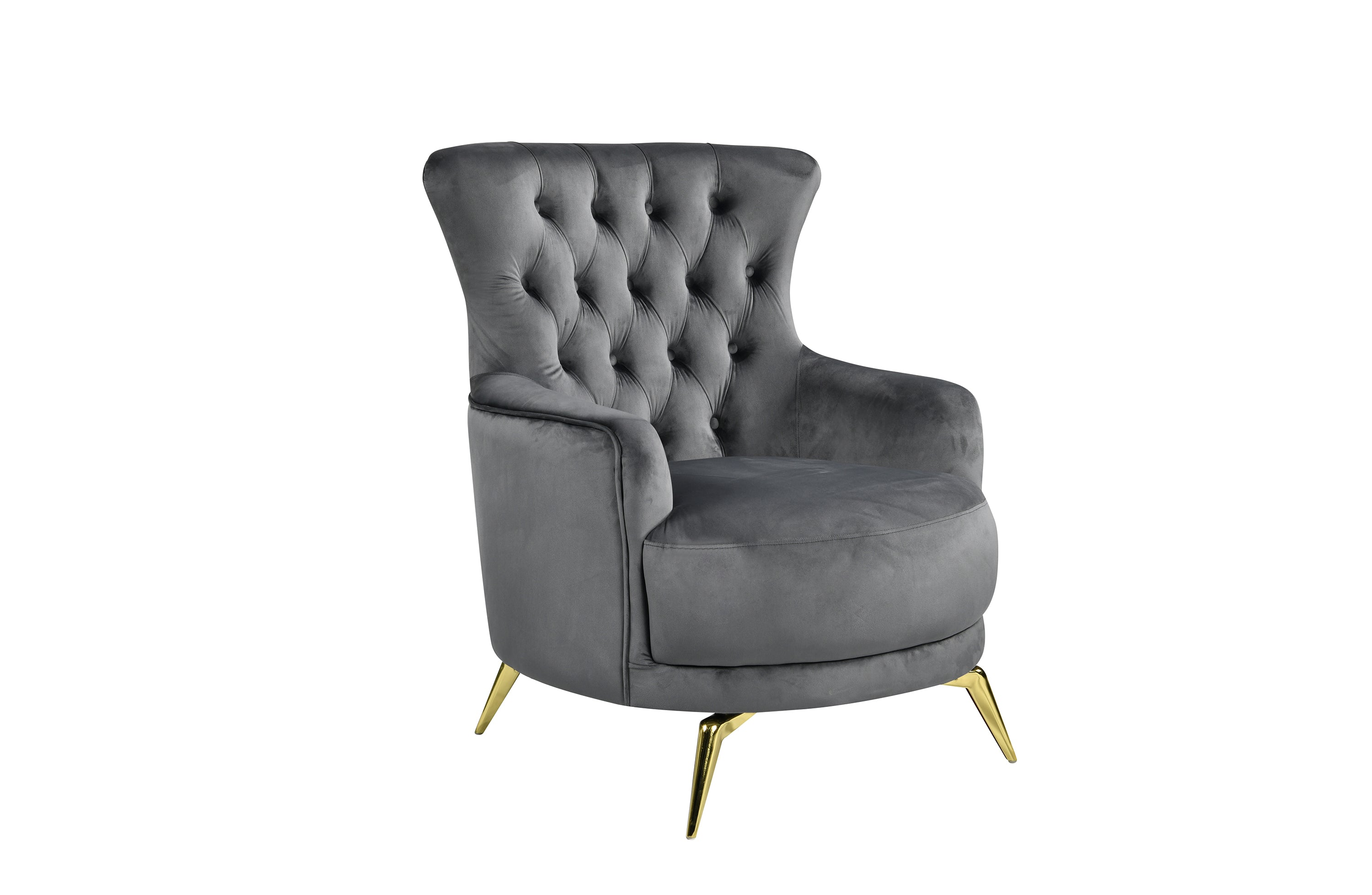 GRAND dark grey velvet tufted wing chair with polished gold legs