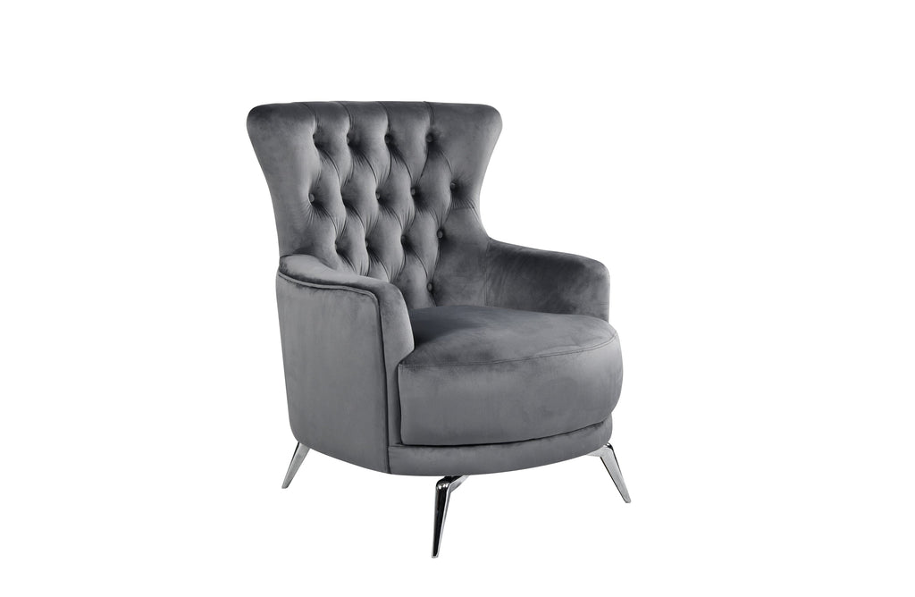 GRAND dark grey velvet tufted wing chair with contemporary silver legs