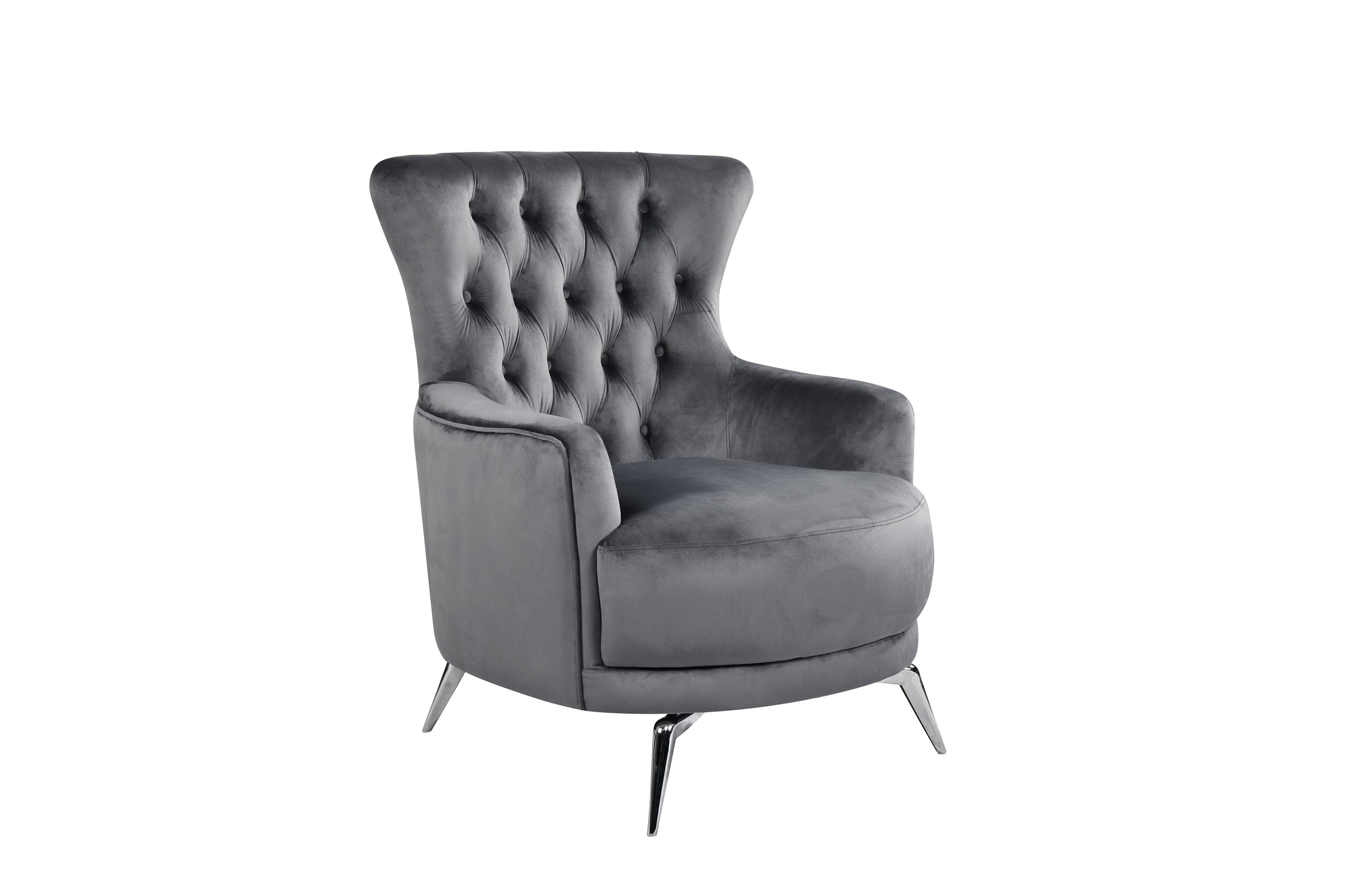 GRAND dark grey velvet tufted wing chair with contemporary silver legs
