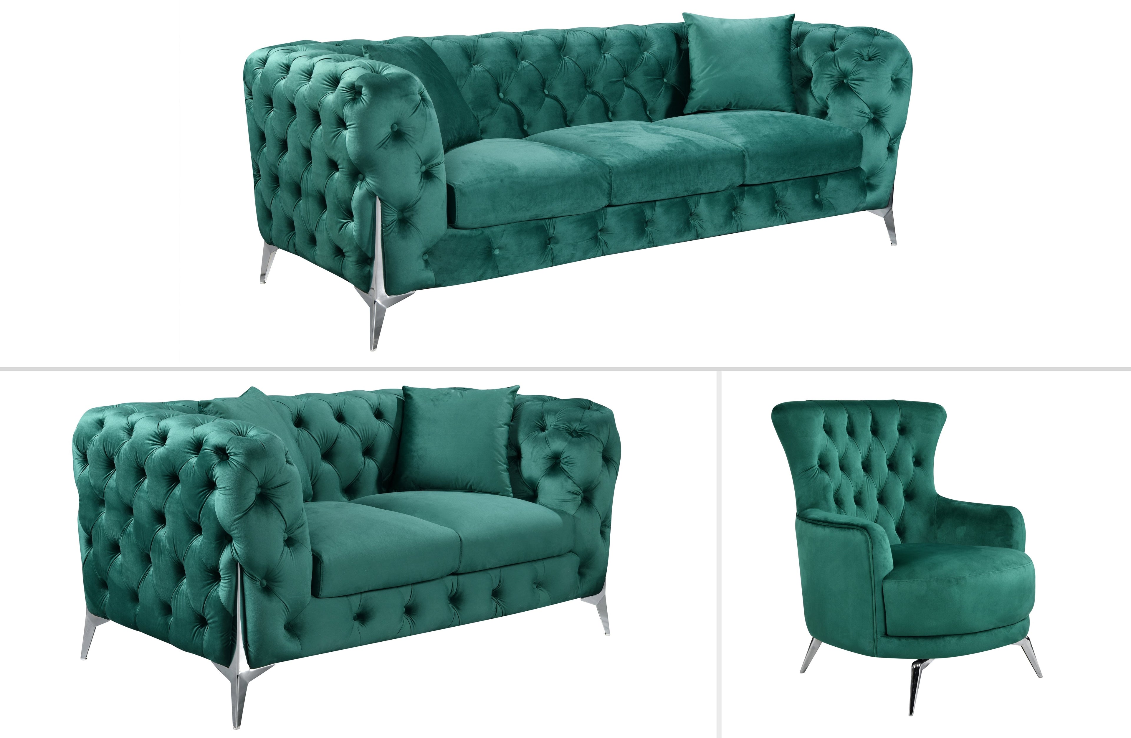 GRAND green velvet tufted lounge with chic polished silver legs