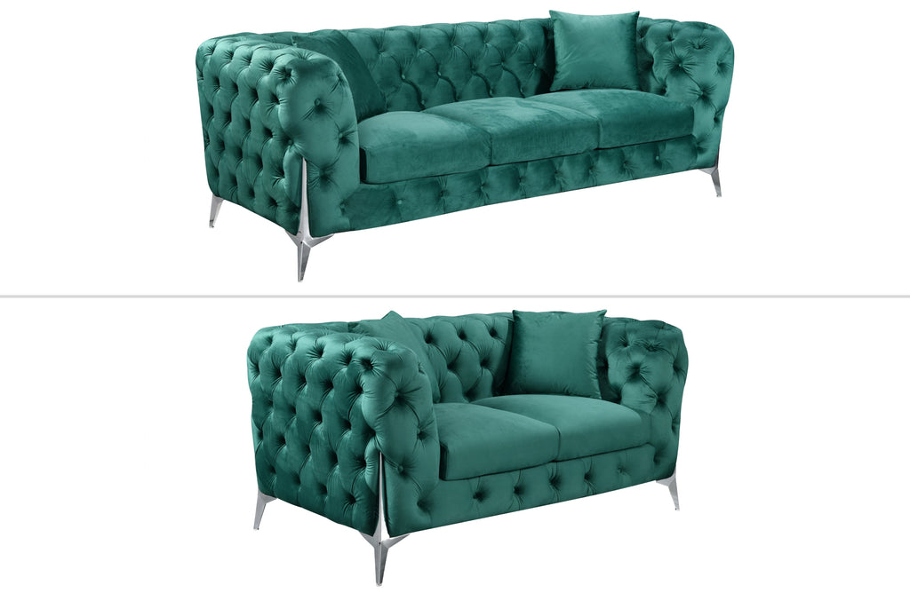 GRAND green velvet tufted sofa set featuring 3-seater and 2-seater with sleek silver steel legs