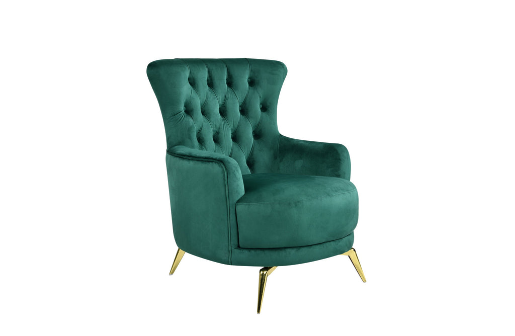 GRAND peacock green velvet tufted wing chair with elegant gold legs