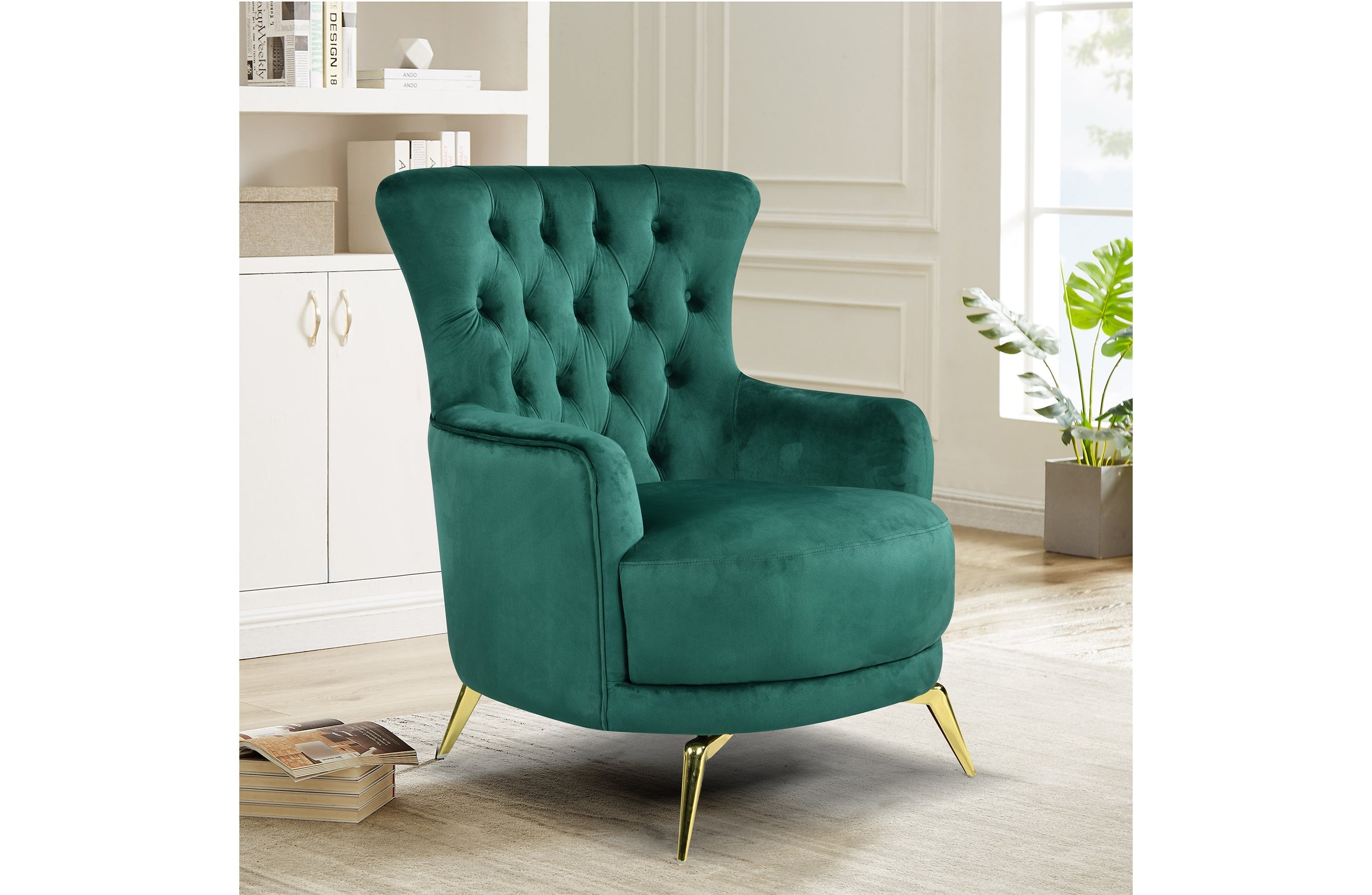 GRAND peacock green velvet tufted wing chair with gold legs styled in elegant living room