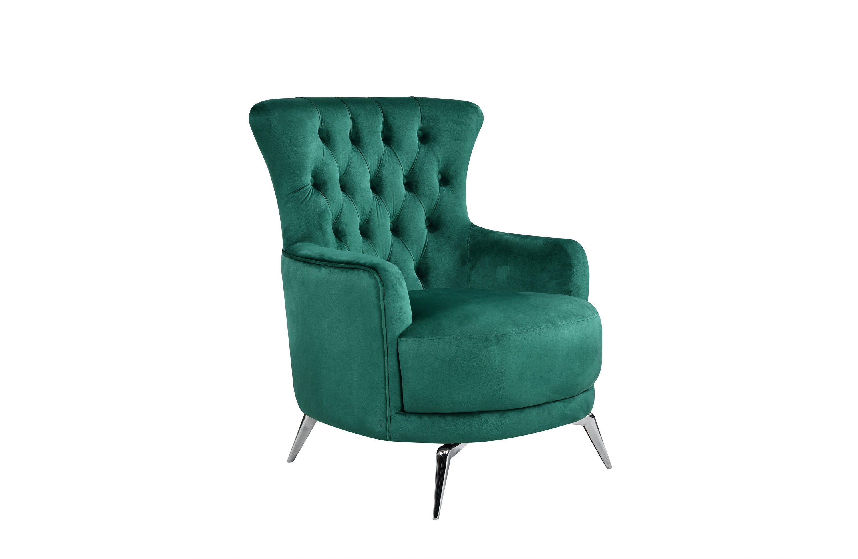 GRAND peacock green velvet tufted wing chair with sleek silver legs