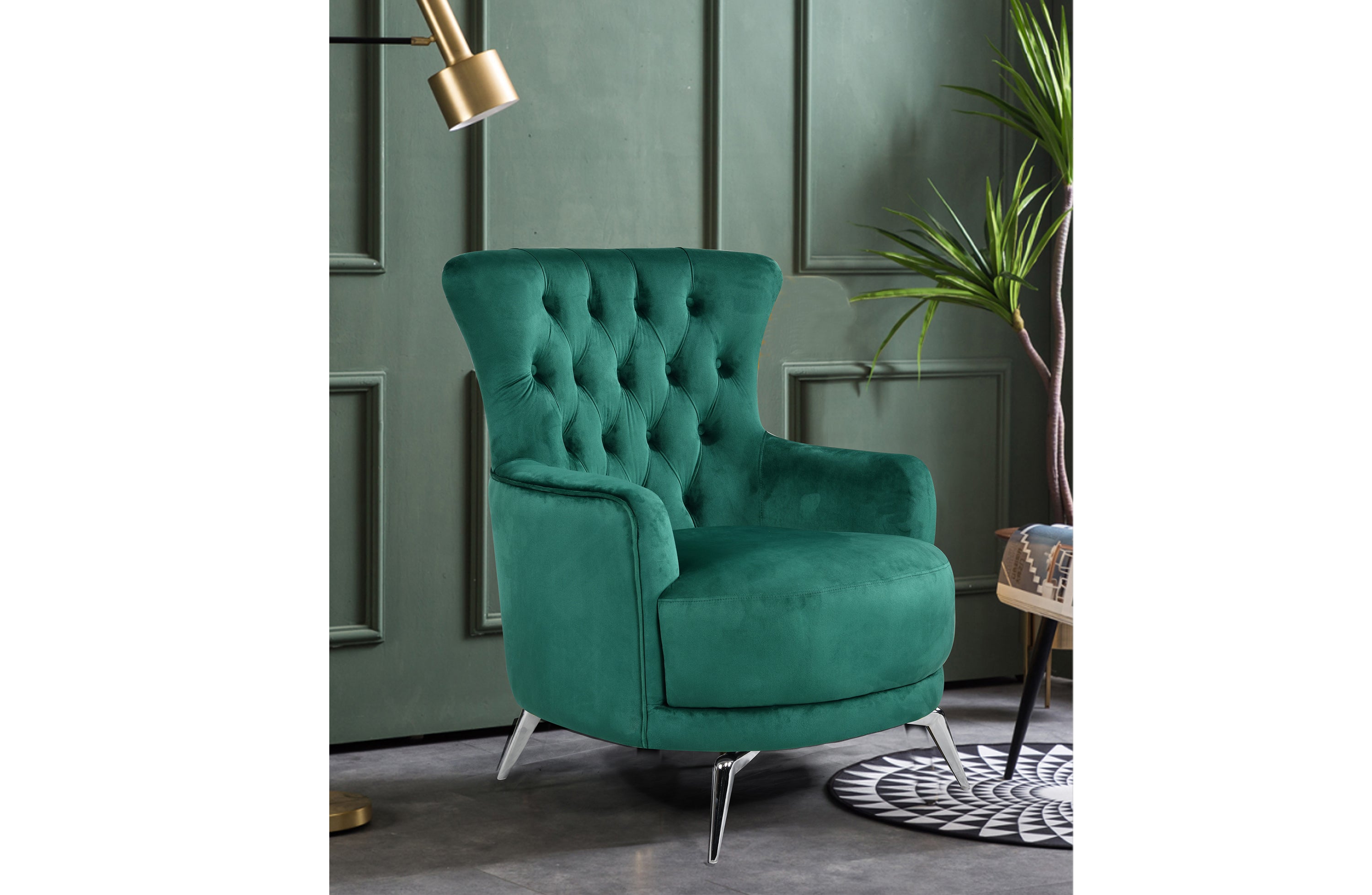 GRAND peacock green velvet tufted wing chair with silver legs styled in chic interior