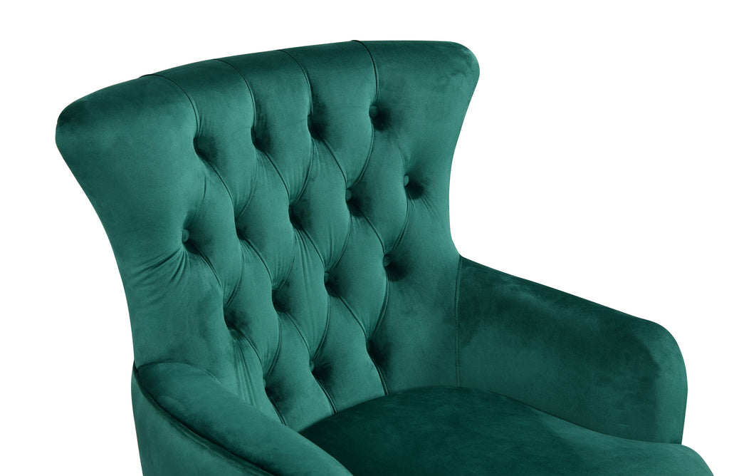Detailed tufted backrest of GRAND green velvet wing chair in luxury finish