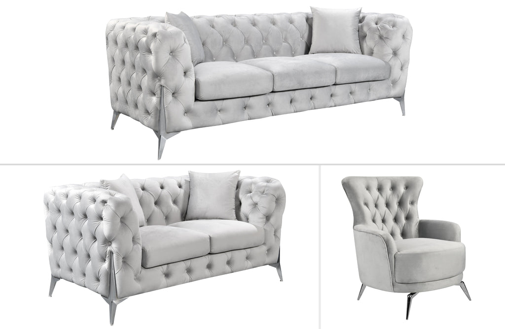 GRAND light grey velvet tufted lounge with luxe silver legs