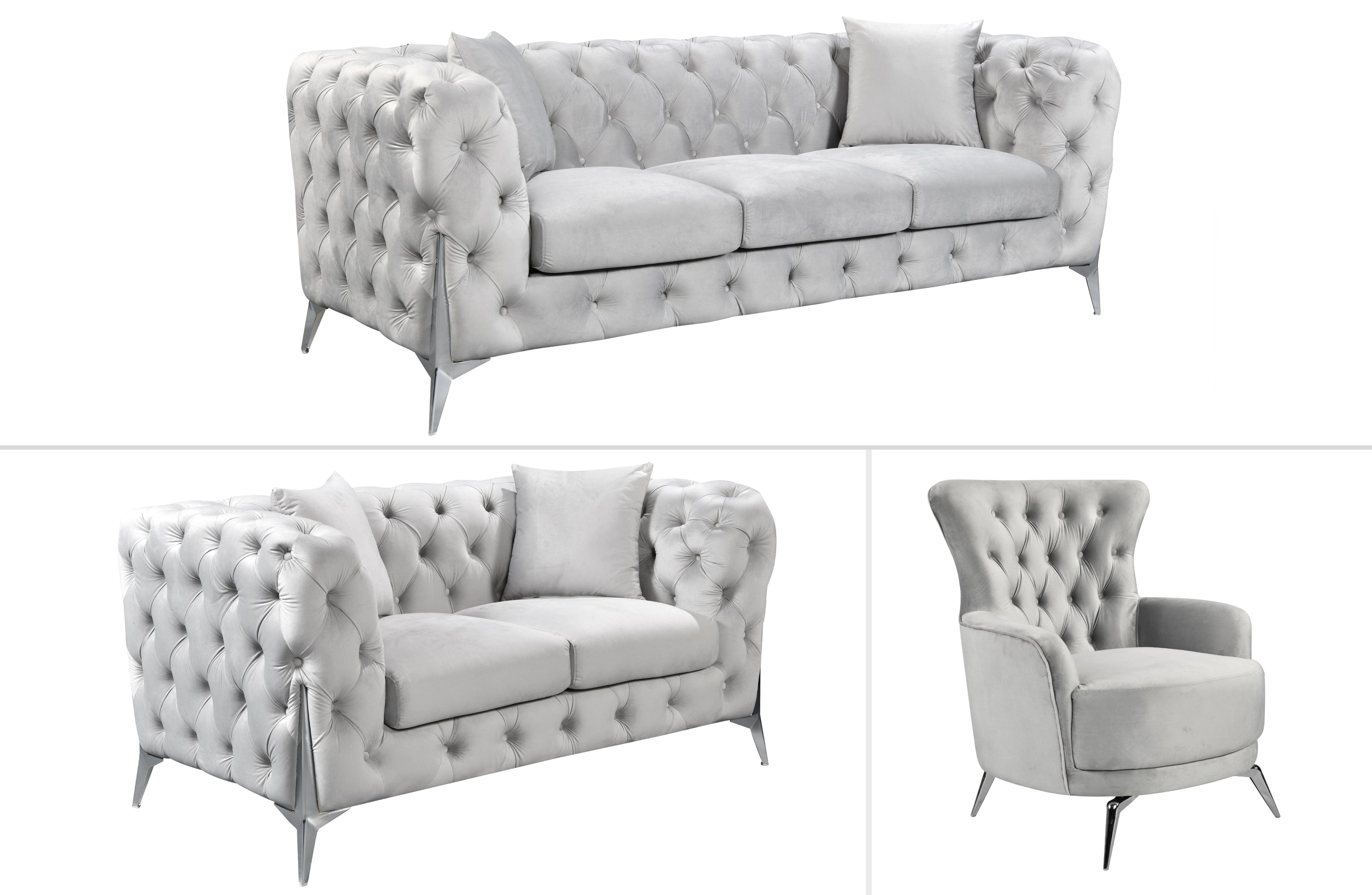GRAND light grey velvet tufted lounge with luxe silver legs