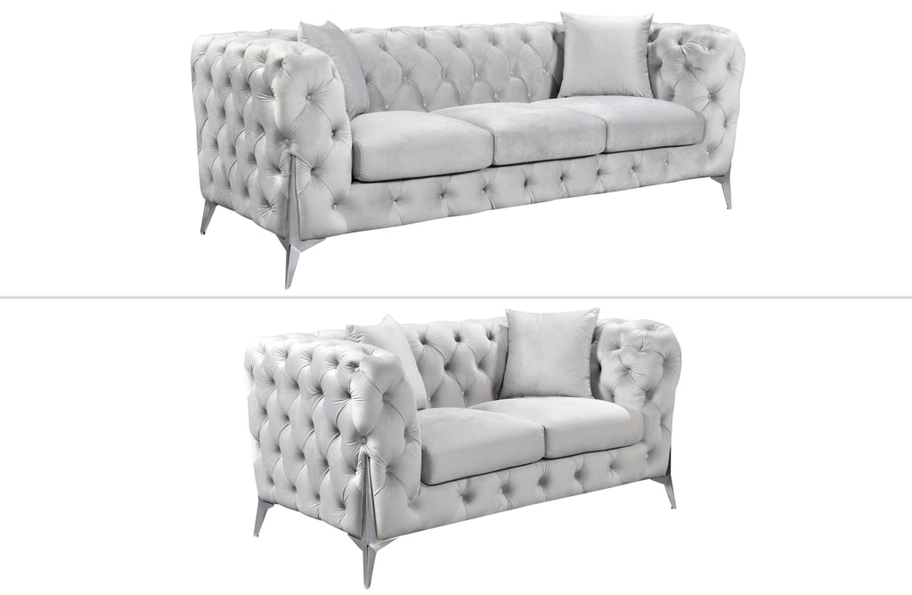 GRAND light Grey velvet tufted sofa set featuring 3-seater and 2-seater with sleek silver steel legs