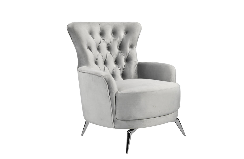 GRAND light grey velvet tufted wing chair with chic silver legs