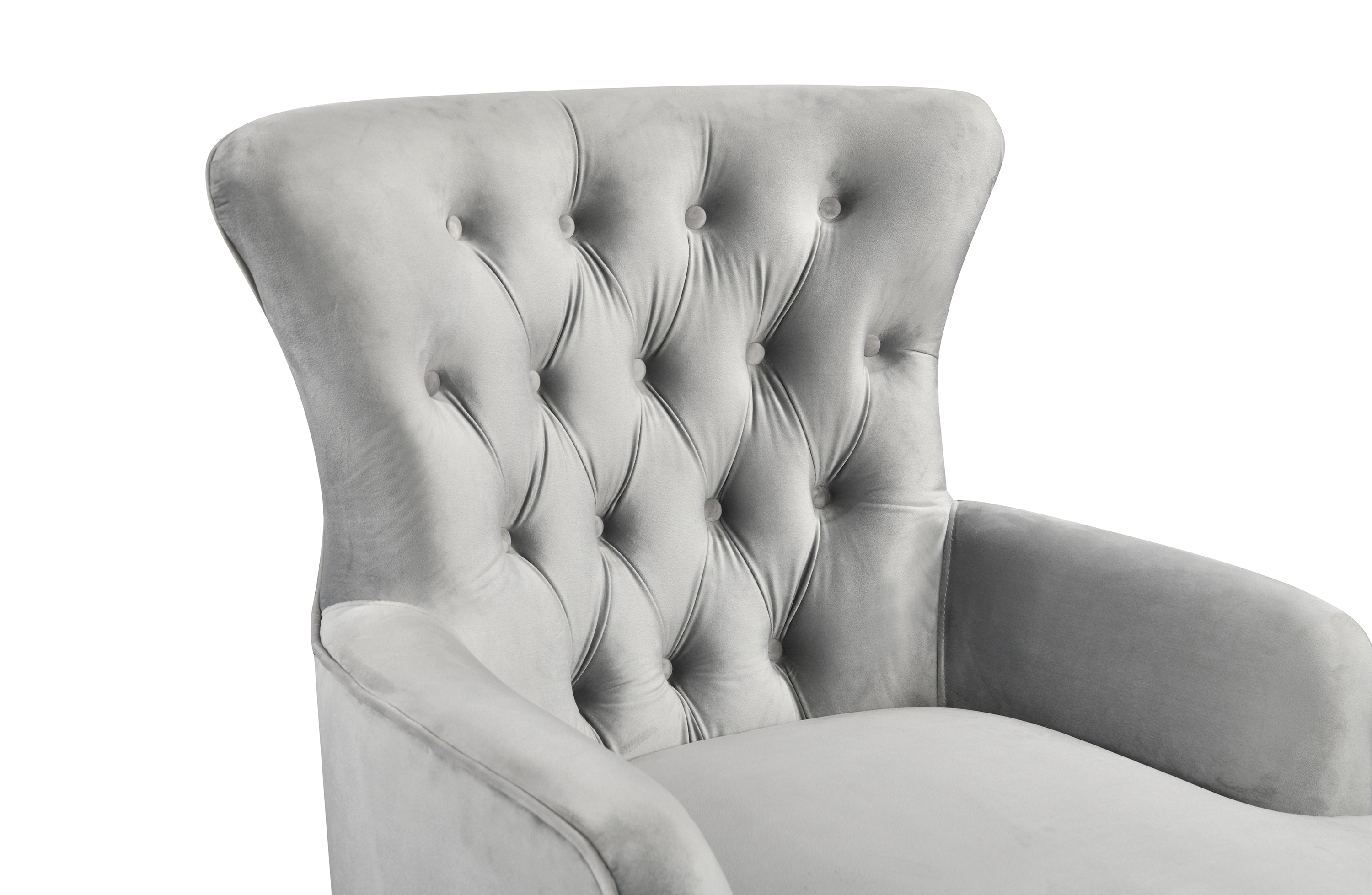 Detailed tufted backrest of GRAND light grey velvet wing chair in luxury finish