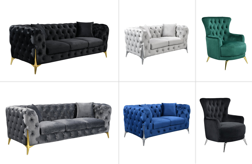 GRAND tufted velvet lounge set in black, dark grey, light grey, blue, and green with silver and gold leg options