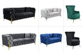 GRAND tufted velvet lounge set in black, dark grey, light grey, blue, and green with silver and gold leg options