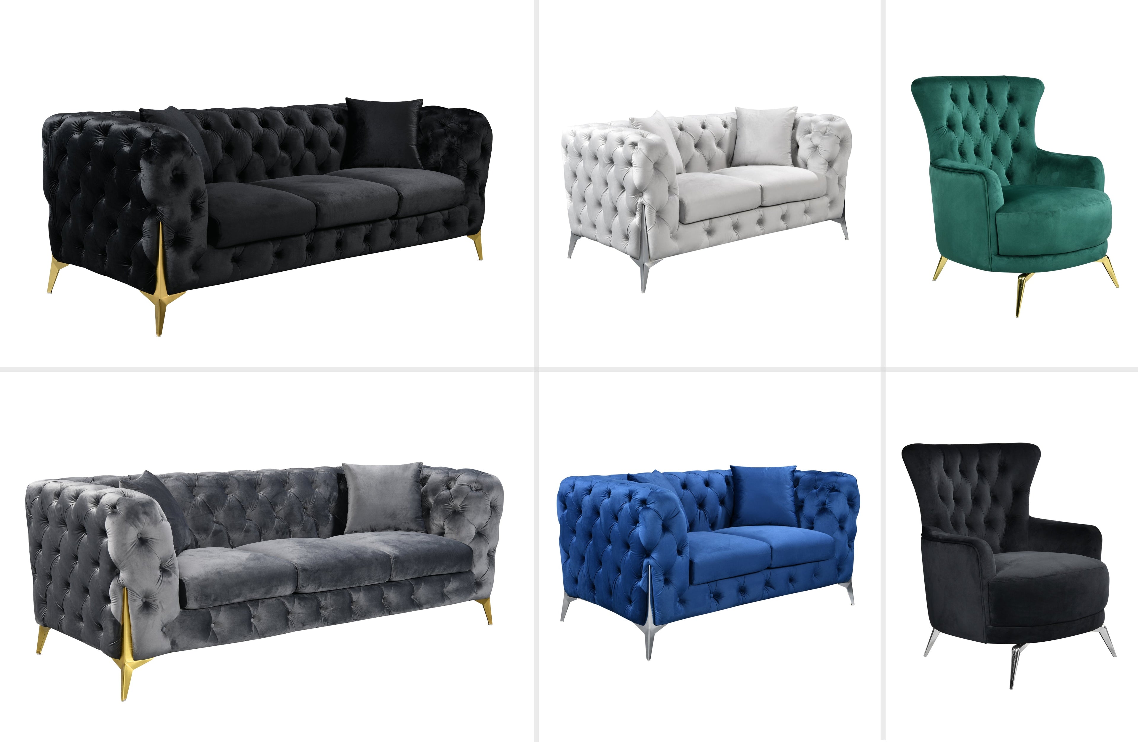GRAND tufted velvet lounge set in black, dark grey, light grey, blue, and green with silver and gold leg options