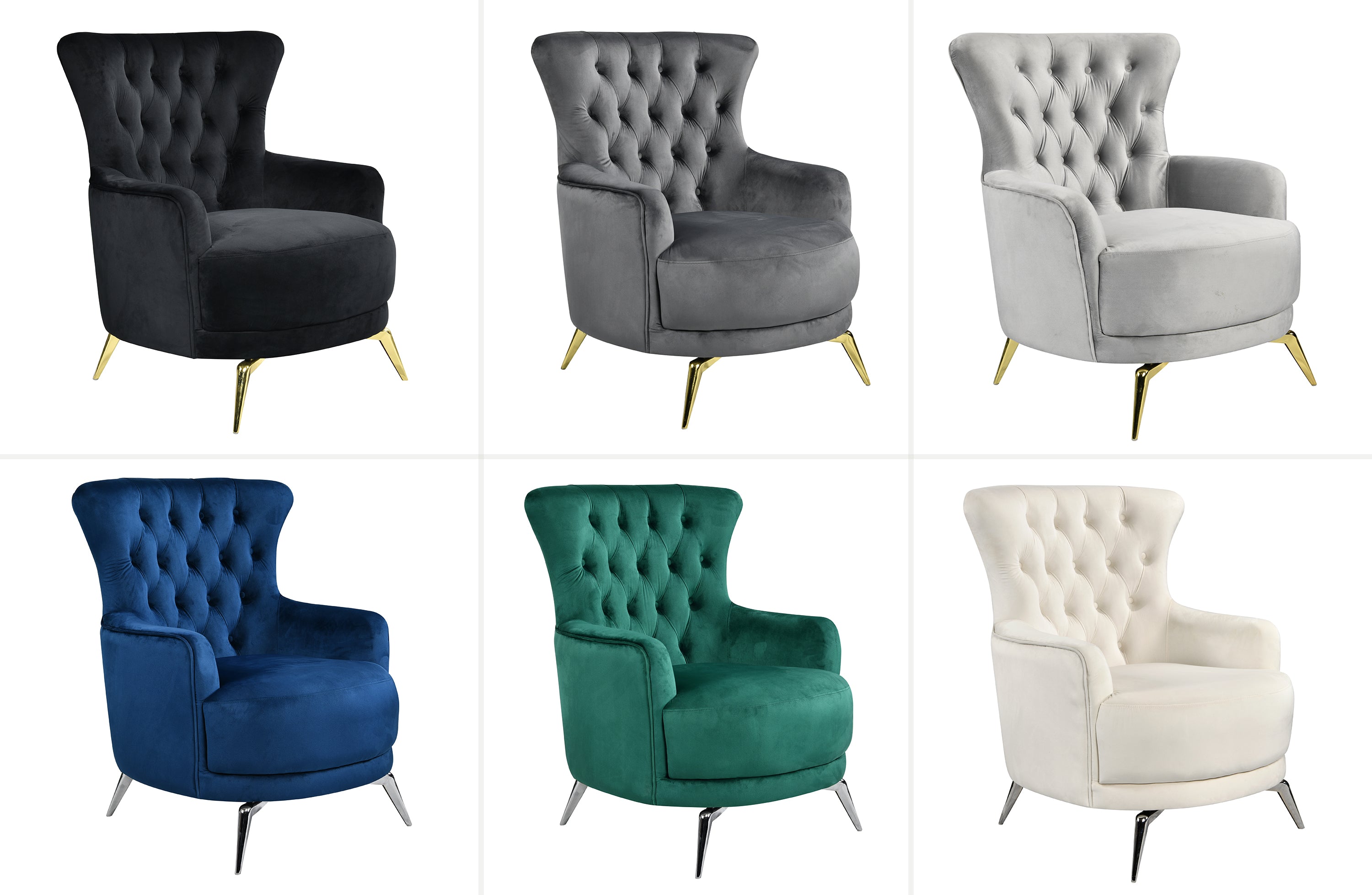 GRAND tufted velvet wing chairs in black, grey, light grey, green, blue, and beige with gold and silver legs