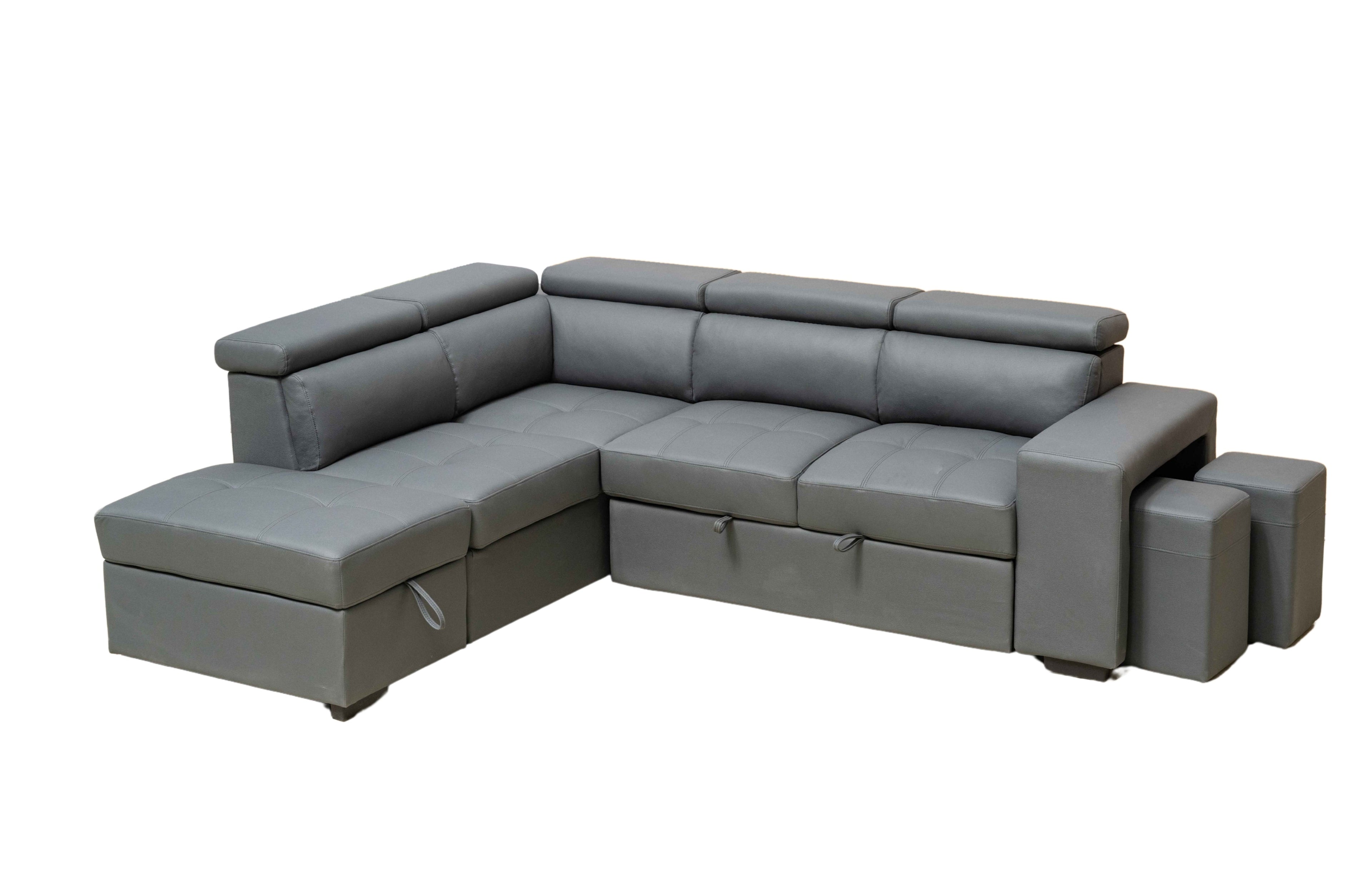 Hamilton modular chaise lounge in dark grey with modern design and pull-out sofa bed.