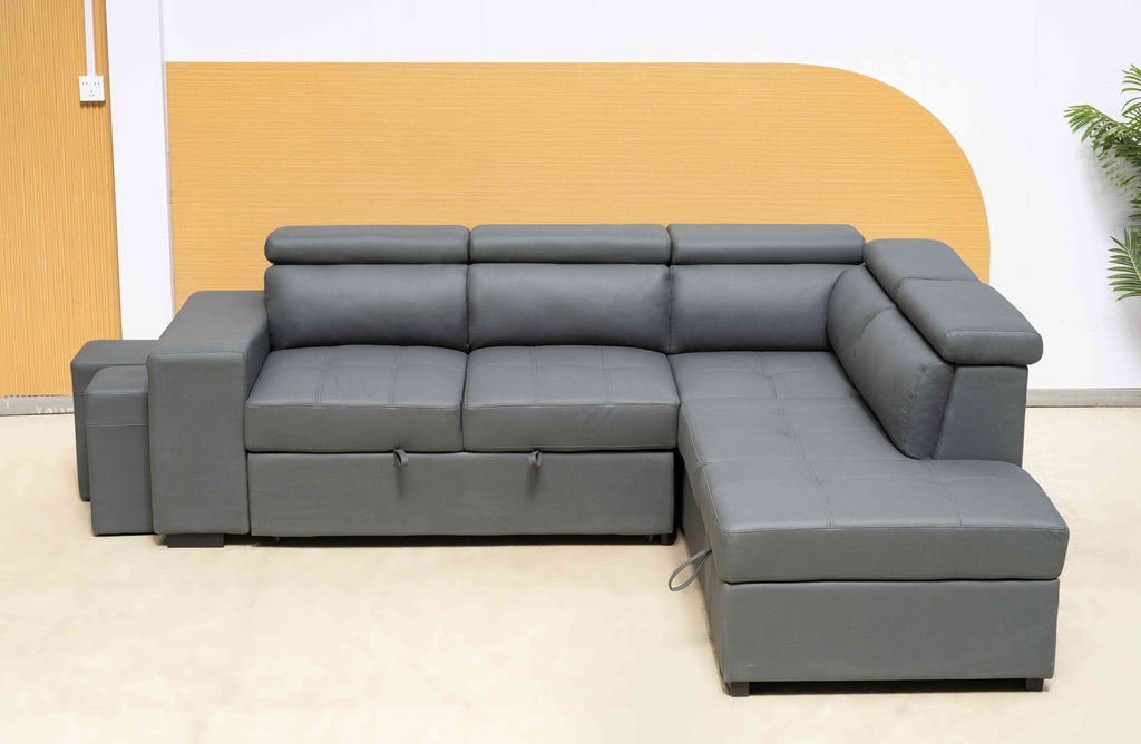 Hamilton modular chaise lounge in dark grey with chaise, storage ottoman and stools included.