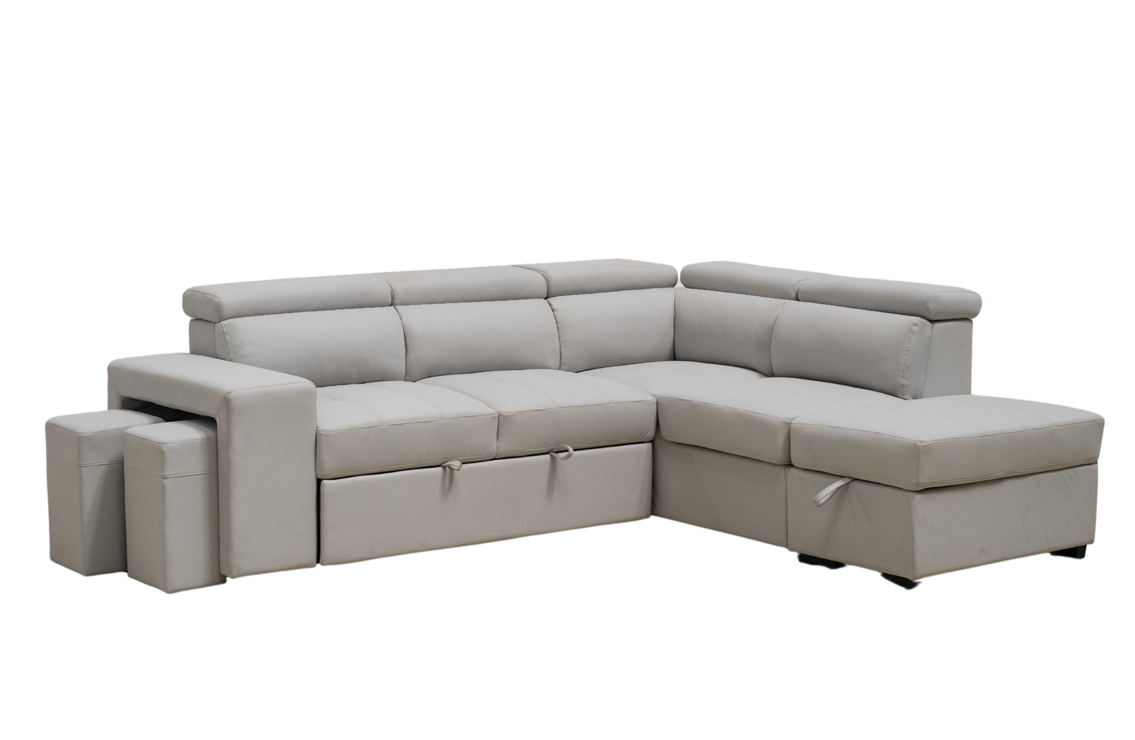 Hamilton modular chaise lounge in light grey with pull-out bed and sleek design.