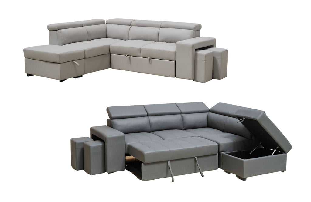 Hamilton light grey and dark grey modular chaise lounge with storage ottoman and matching stools included.