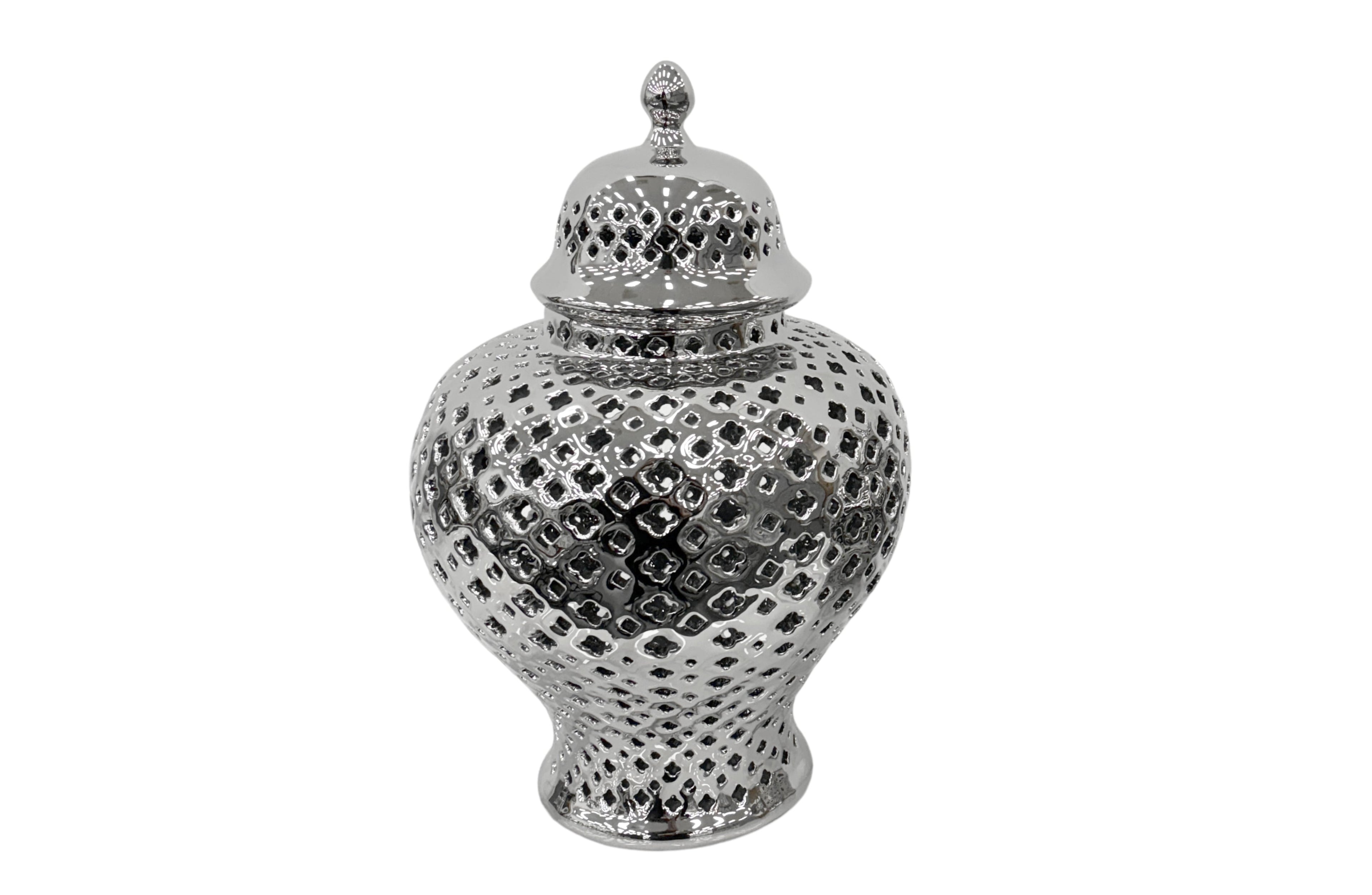 Large silver ceramic Hampton Urn featuring delicate lattice design and a glossy metallic finish for modern elegance.

