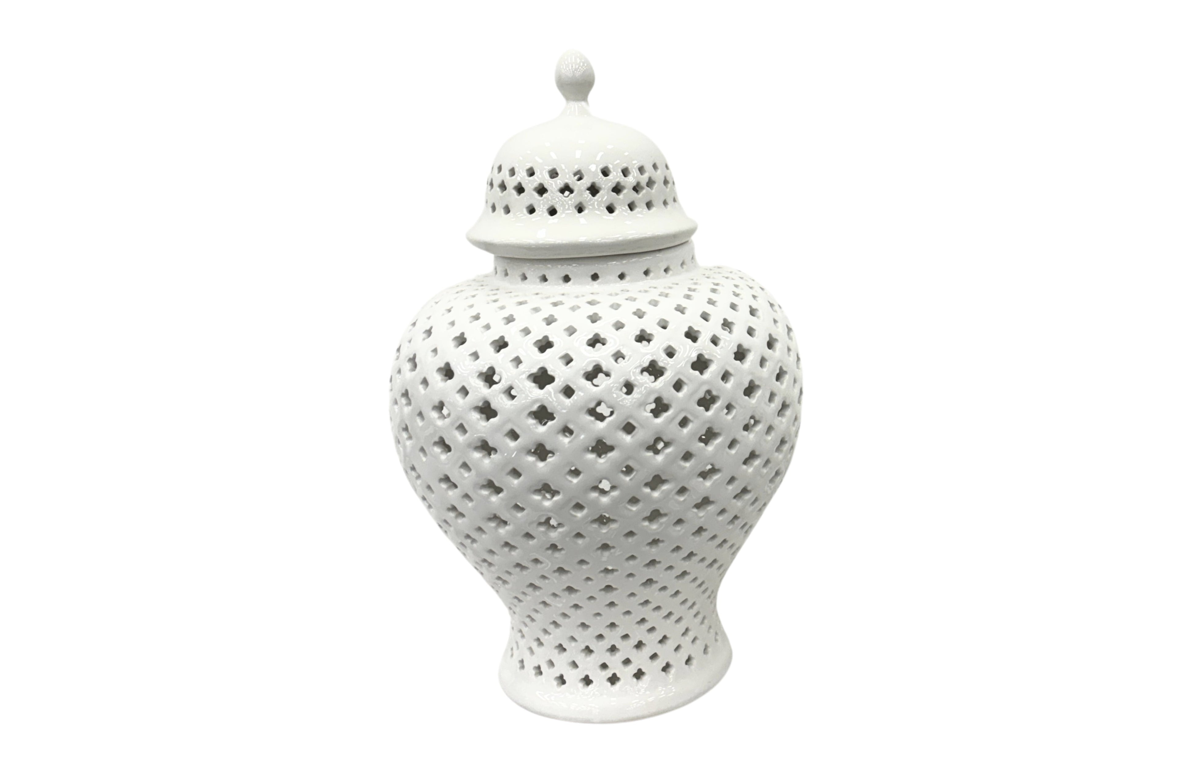 Large white ceramic Classic Hampton Urn with timeless pierced design, ideal for clean and sophisticated home interiors.