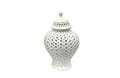 Small white Hampton Urn crafted in ceramic with delicate lattice detailing, perfect for minimalist décor accents.