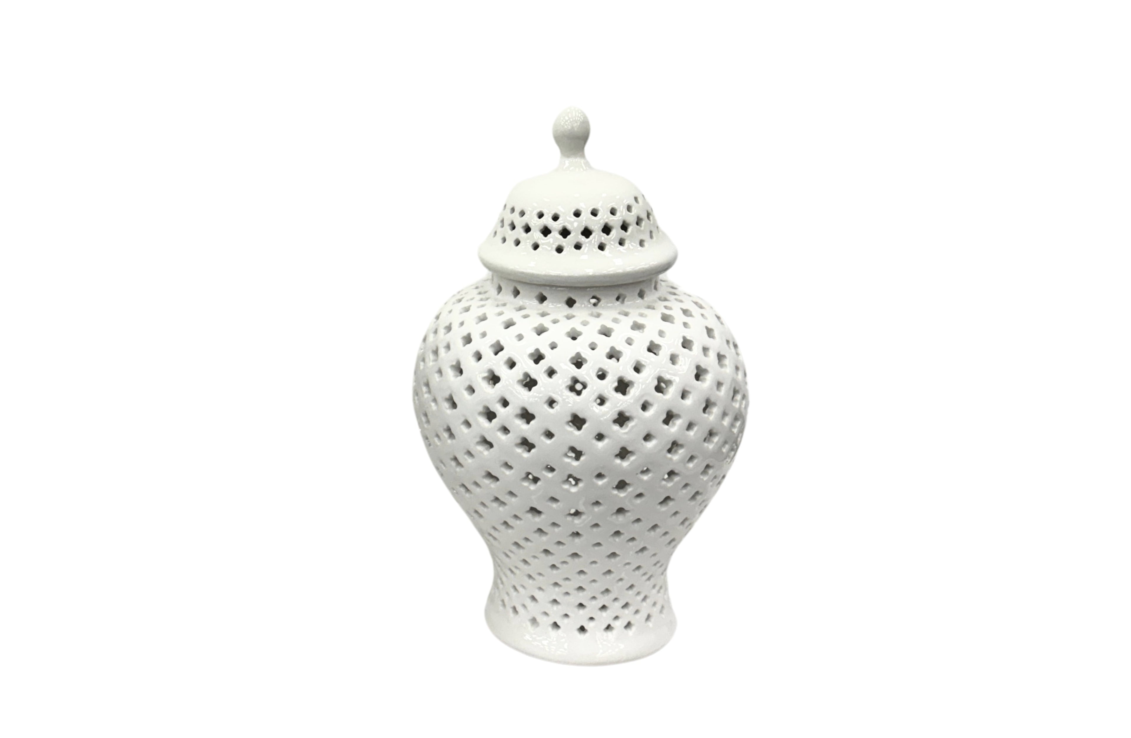 Small white Hampton Urn crafted in ceramic with delicate lattice detailing, perfect for minimalist décor accents.