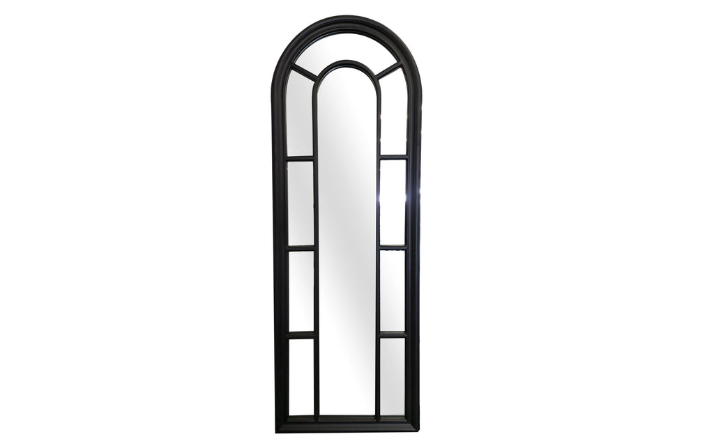 Medium black Hampton’s Arch Window Style Mirror with tall narrow design on white background