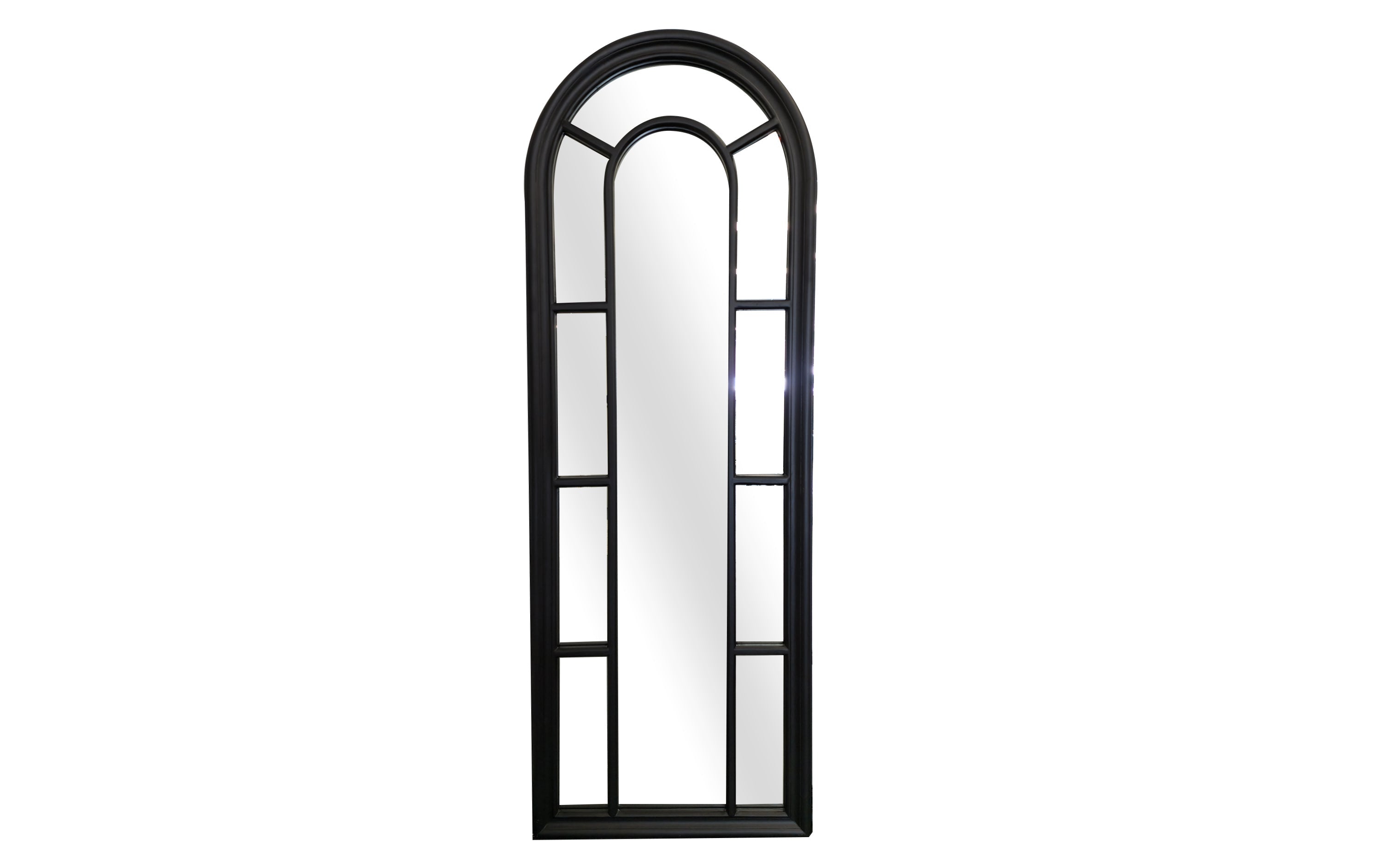 Medium black Hampton’s Arch Window Style Mirror with tall narrow design on white background