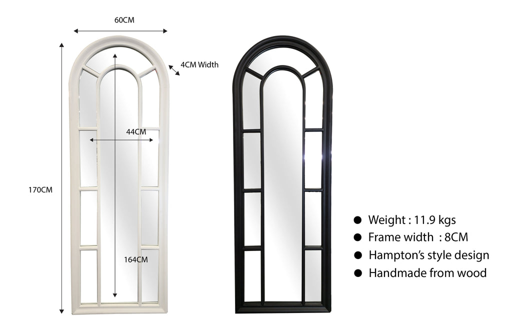 Medium Hampton’s Arch Window Style Mirror in white and black wooden frames with dimensions