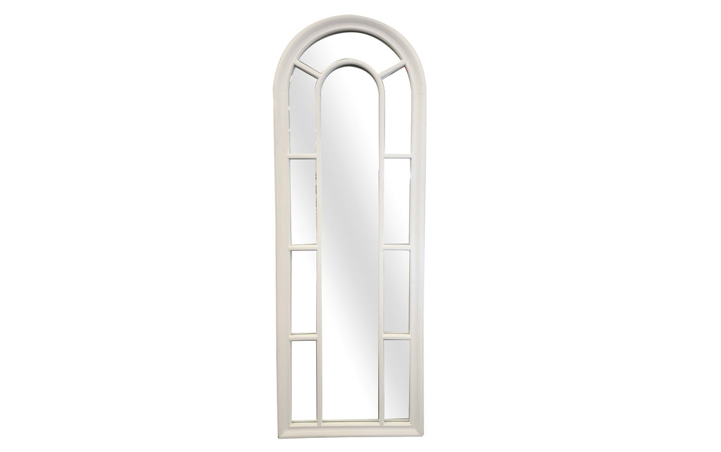 Medium white Hampton’s Arch Window Style Mirror with tall narrow design on white background