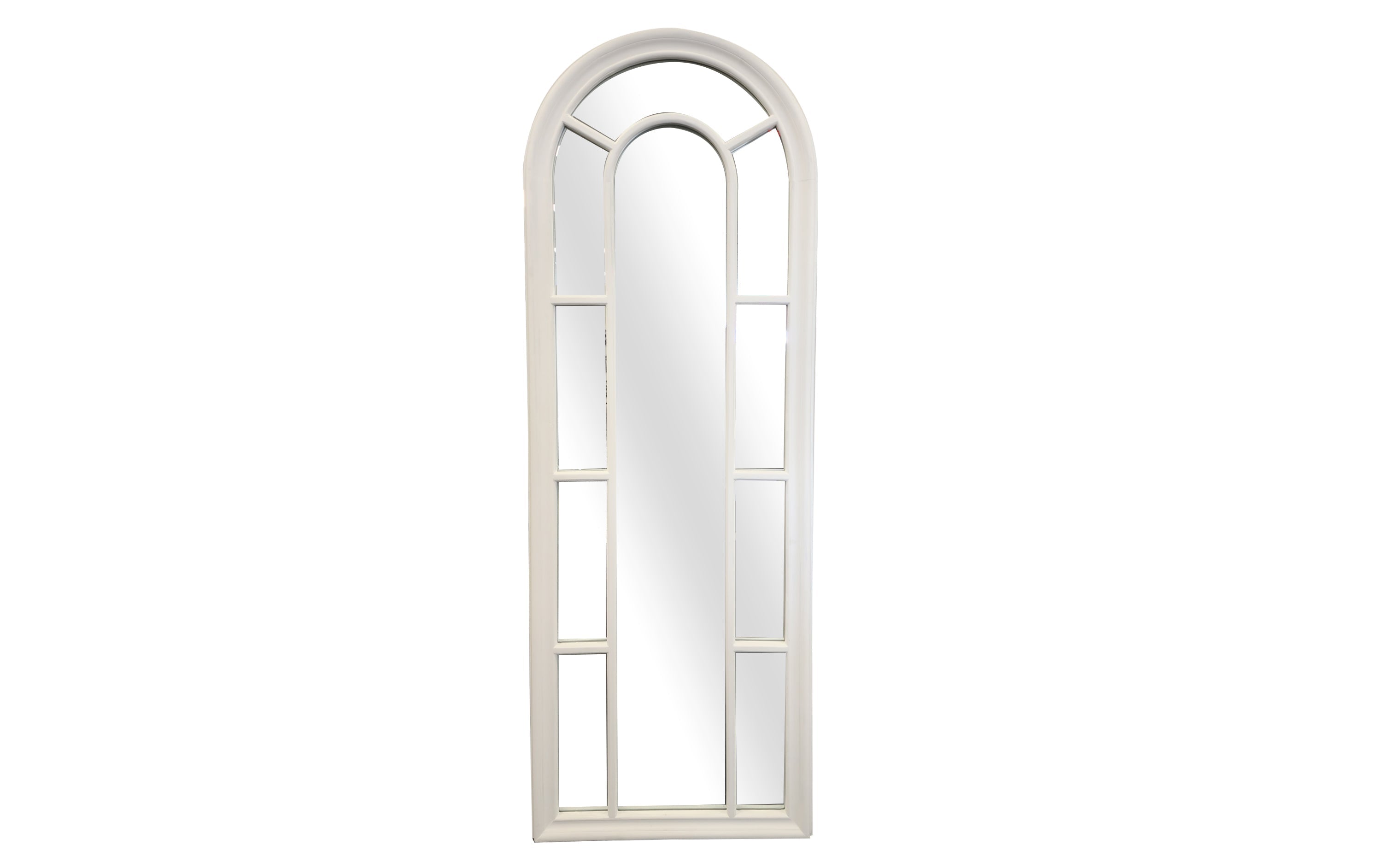 Medium white Hampton’s Arch Window Style Mirror with tall narrow design on white background