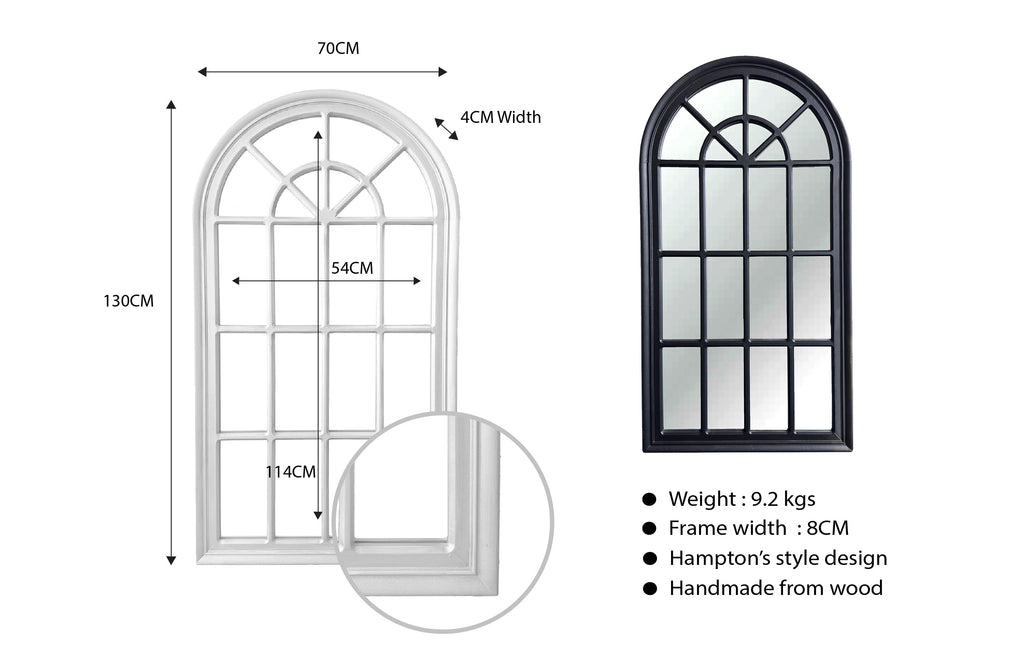 Small Hampton’s Arch Window Style Mirror in white and black wooden frames with size details